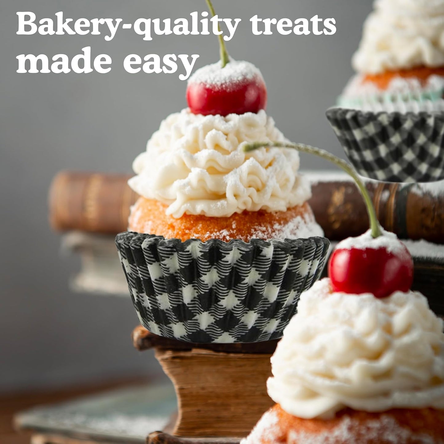 Regency Wraps Greaseproof Professional Grade Baking Cups, Pack of 40, Standard Liners, Black Gingham, for Cupcakes, Muffins, Candy, Non Stick