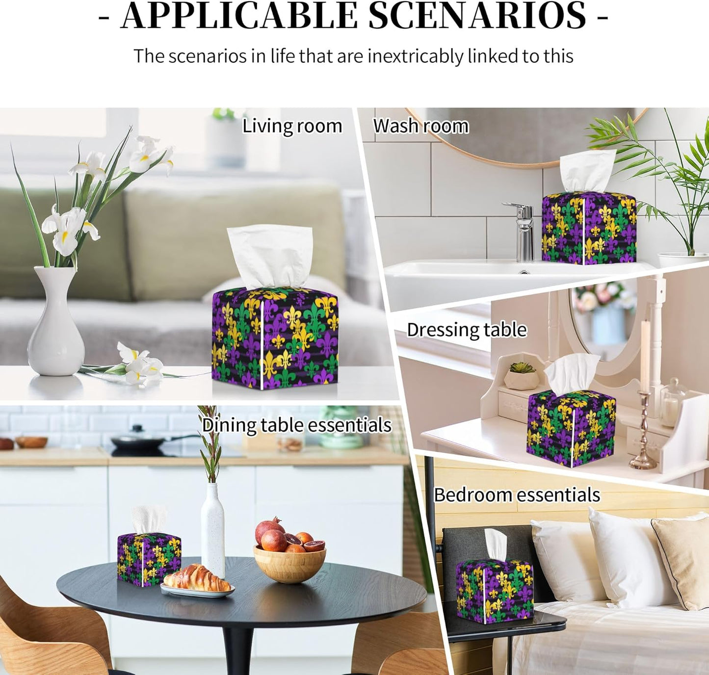 Tissue Box Cover Holder, Mardi Gras Carnival PU Leather Square Tissue Box Cover Decorative Organizer for Bathroom Kitchen Bedroom Vanity Countertop Night Stands