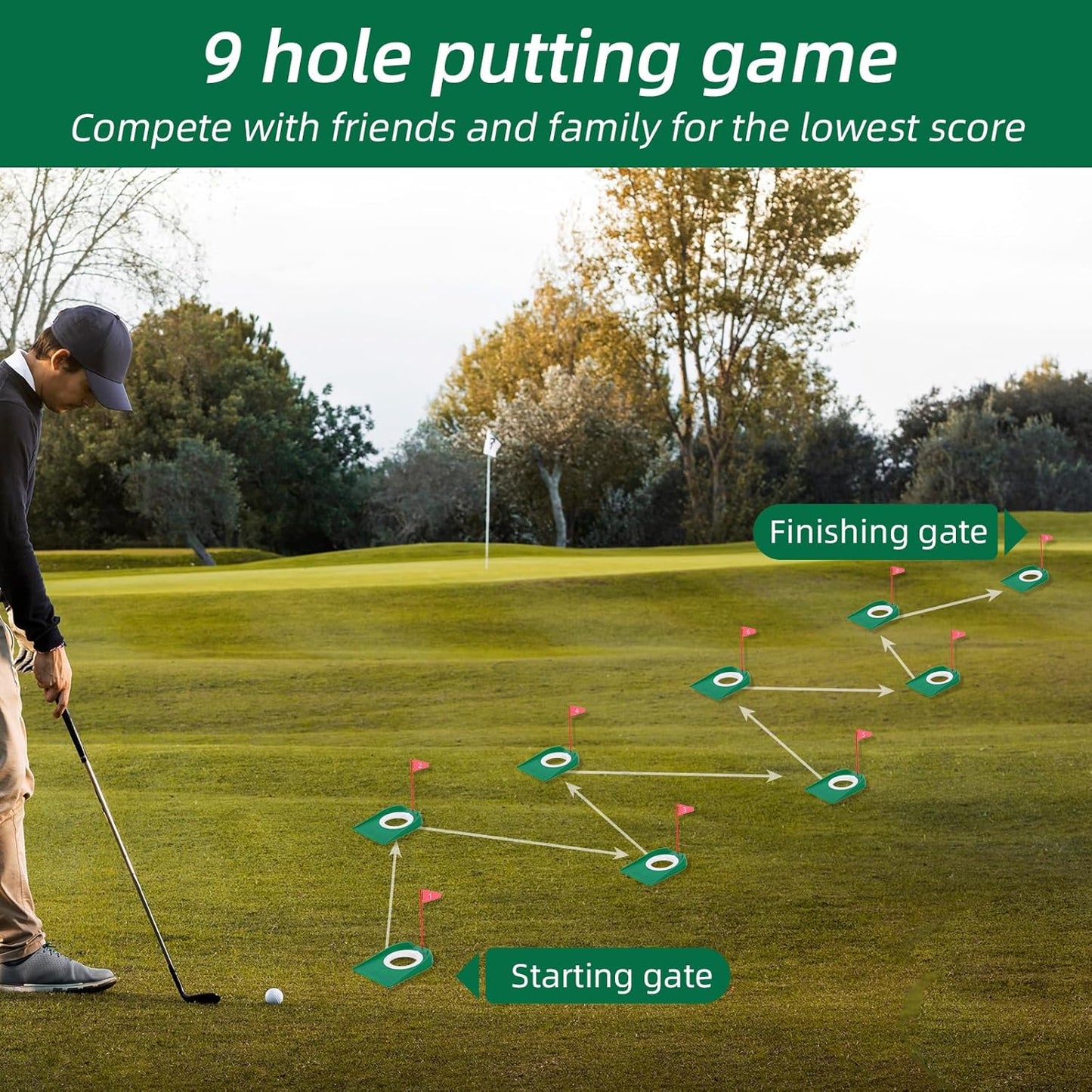 9 Pcs Golf Putting Cup with Flag, Practice Training Aids for Indoor Outdoor Use, Putting Green Hole for Adults, Home Office Garage Yard