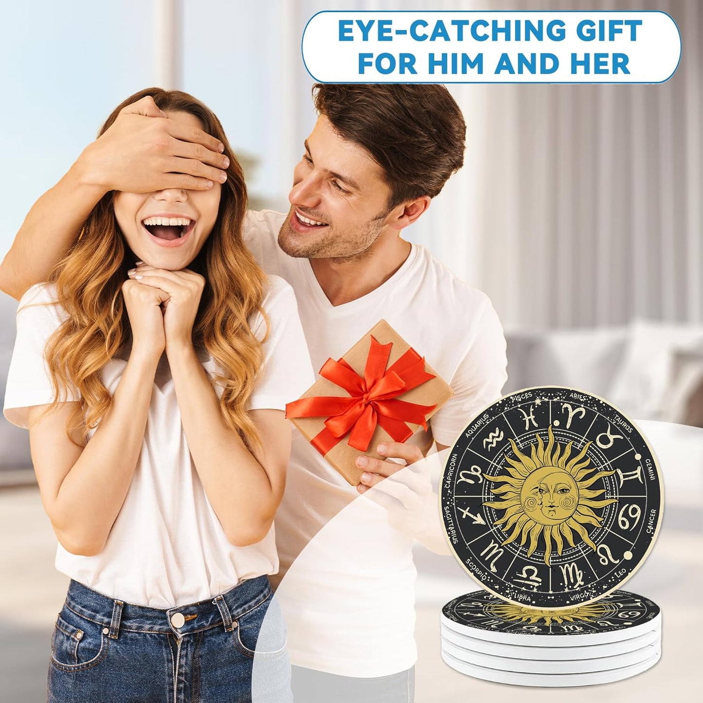 Drinks Coasters Set of 4, Moon Sun Zodic Sign Round 4" Cup Coasters, Absorbent Ceramic Stone Coasters with Cork Base, Cute Coasters for Table Home Décor, Ideal Gifts for Women Men