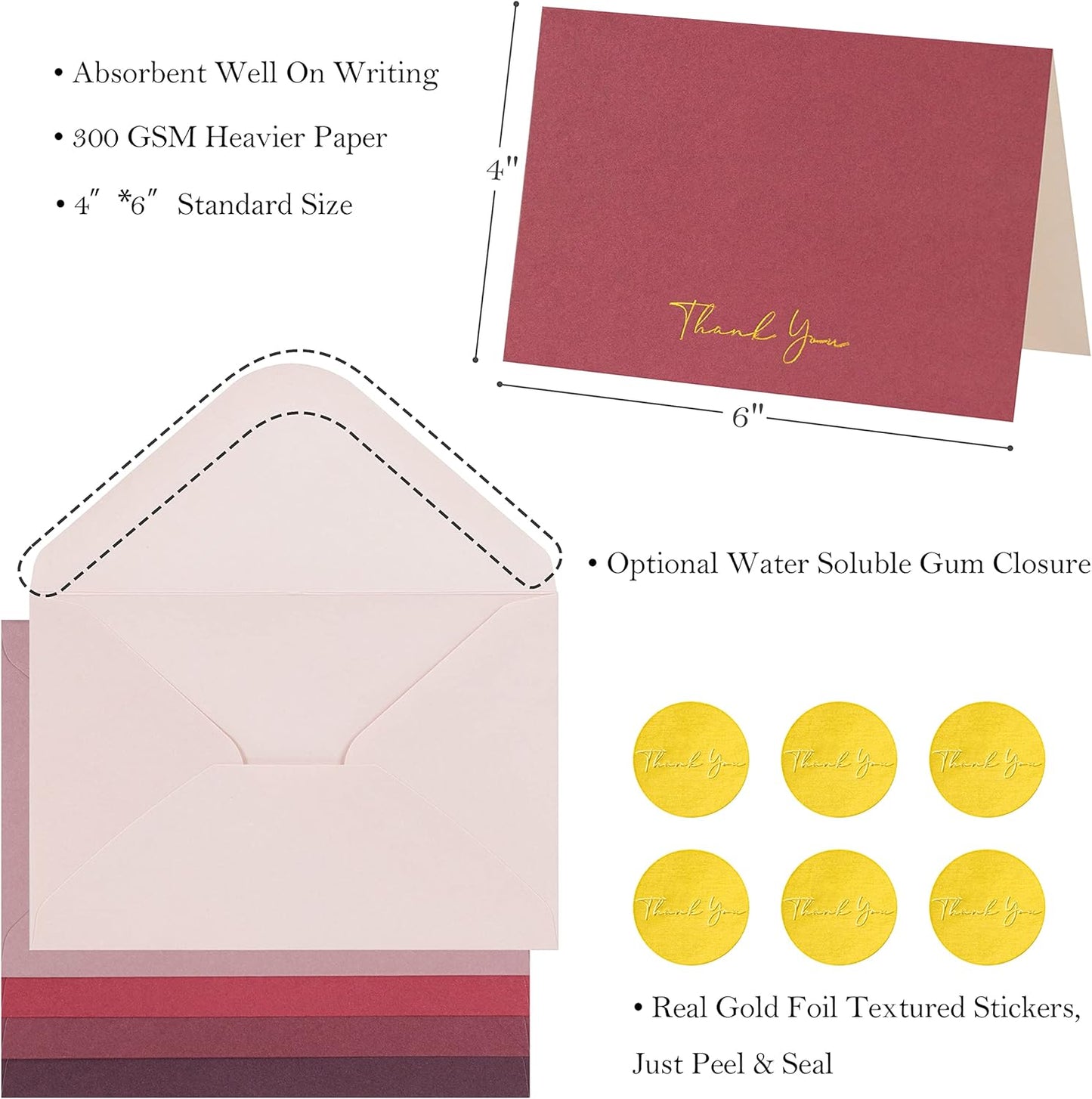 Crisky Burgundy Red Thank You Cards with Envelopes & Stickers, 50 Pack Bridal Shower Graduation Thank You Cards Small Business, Wedding Baby Shower Birthday Funeral Notes Bulk