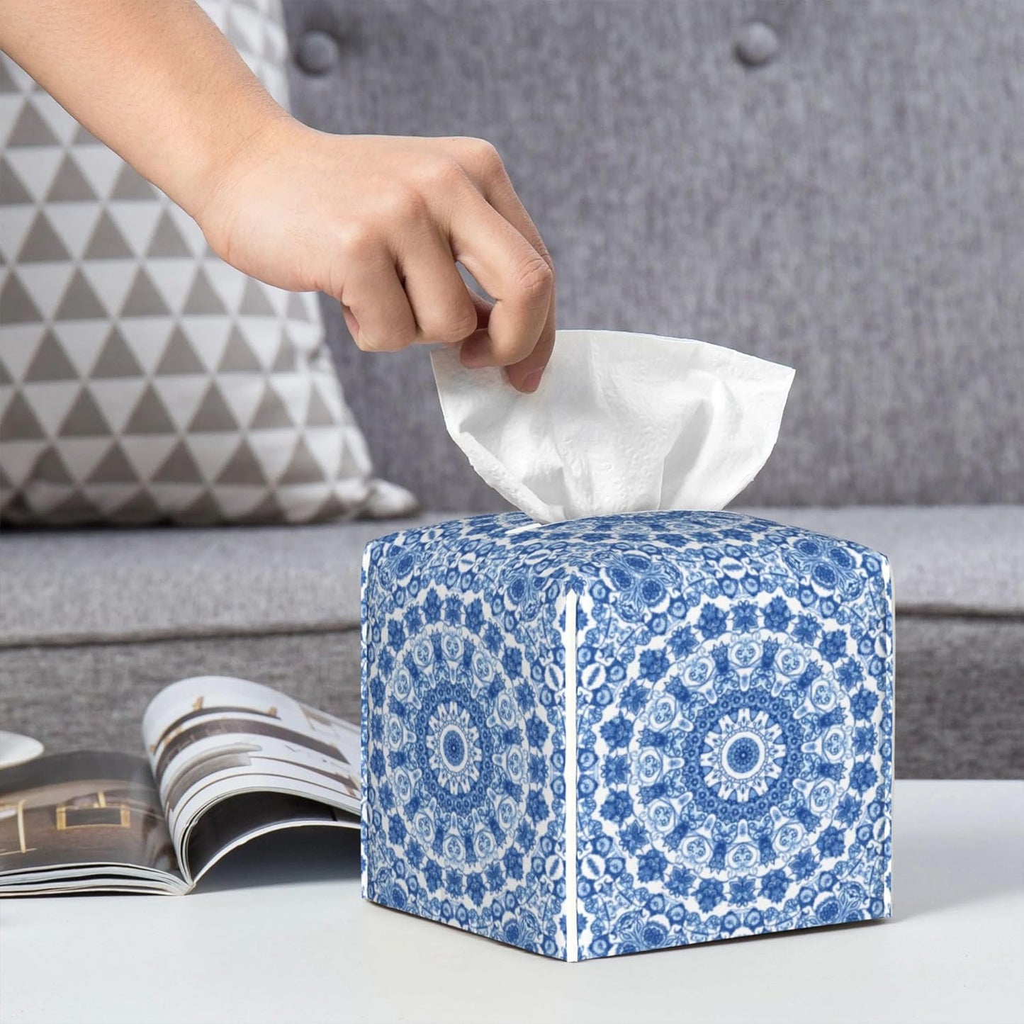 Boho Mandala Flower Tissue Box Cover Square, Blue and White Porcelain Floral Tissue Box Holder Waterproof Leather Facial Paper Organizer Dispenser for Bathroom Home Car Nightstand Vanity Desk