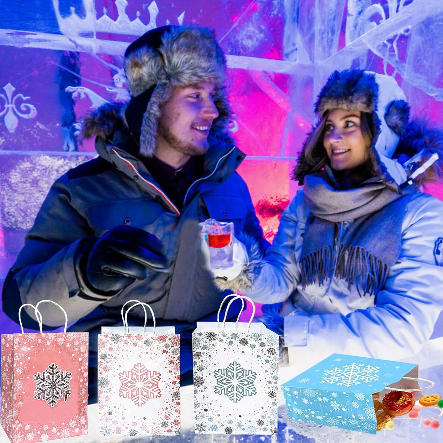 CZWXOXO 24 Pieces Snowflake Party Favors Bags Bulk with Handles Winter Frozen Reusable Paper Gift Bags Winter Treat Goodie Candy Bags for Snowflake Christmas Birthday Holiday Party Supplies