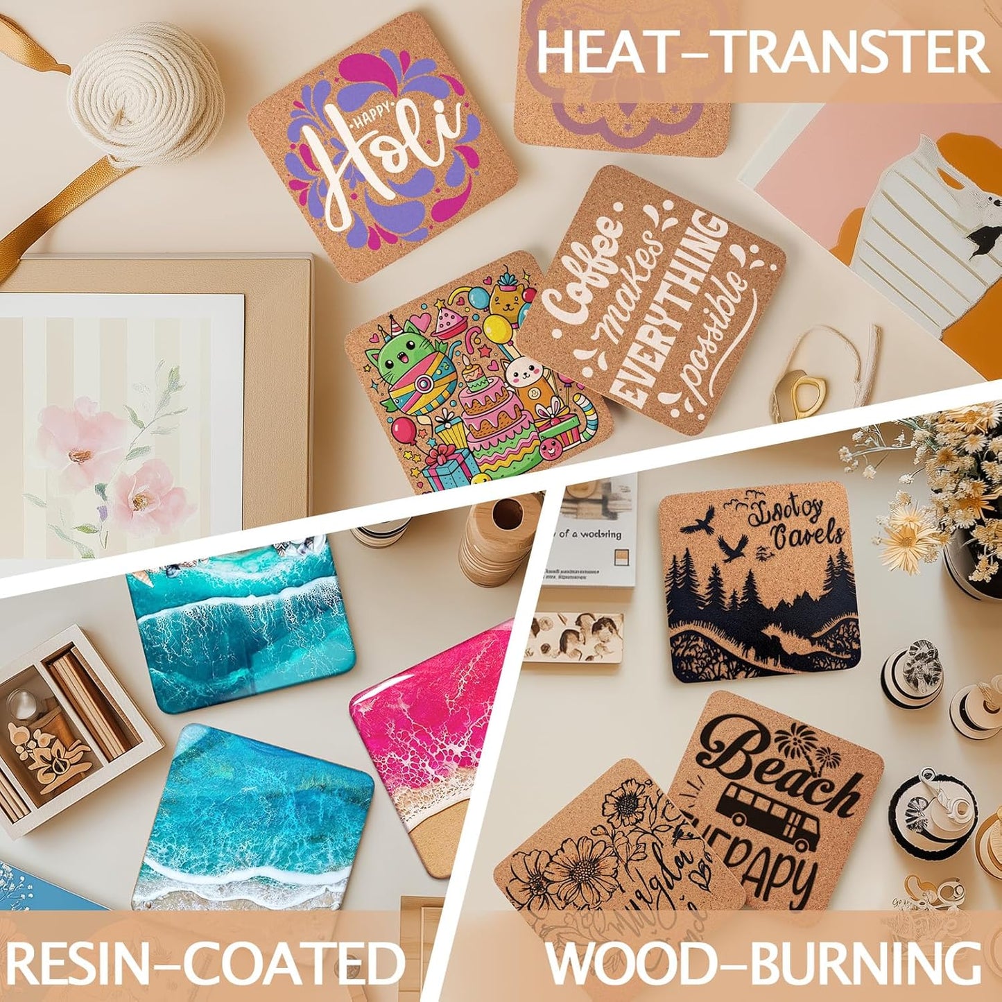 60 Pieces Cork Coasters for Drinks, GOH DODD Thicken Absorbent Blank Coasters for DIY Crafts Laser Engraving Sublimation Wood Burning Plants Painting Housewarming Gifts Wedding, Square, 4 Inch