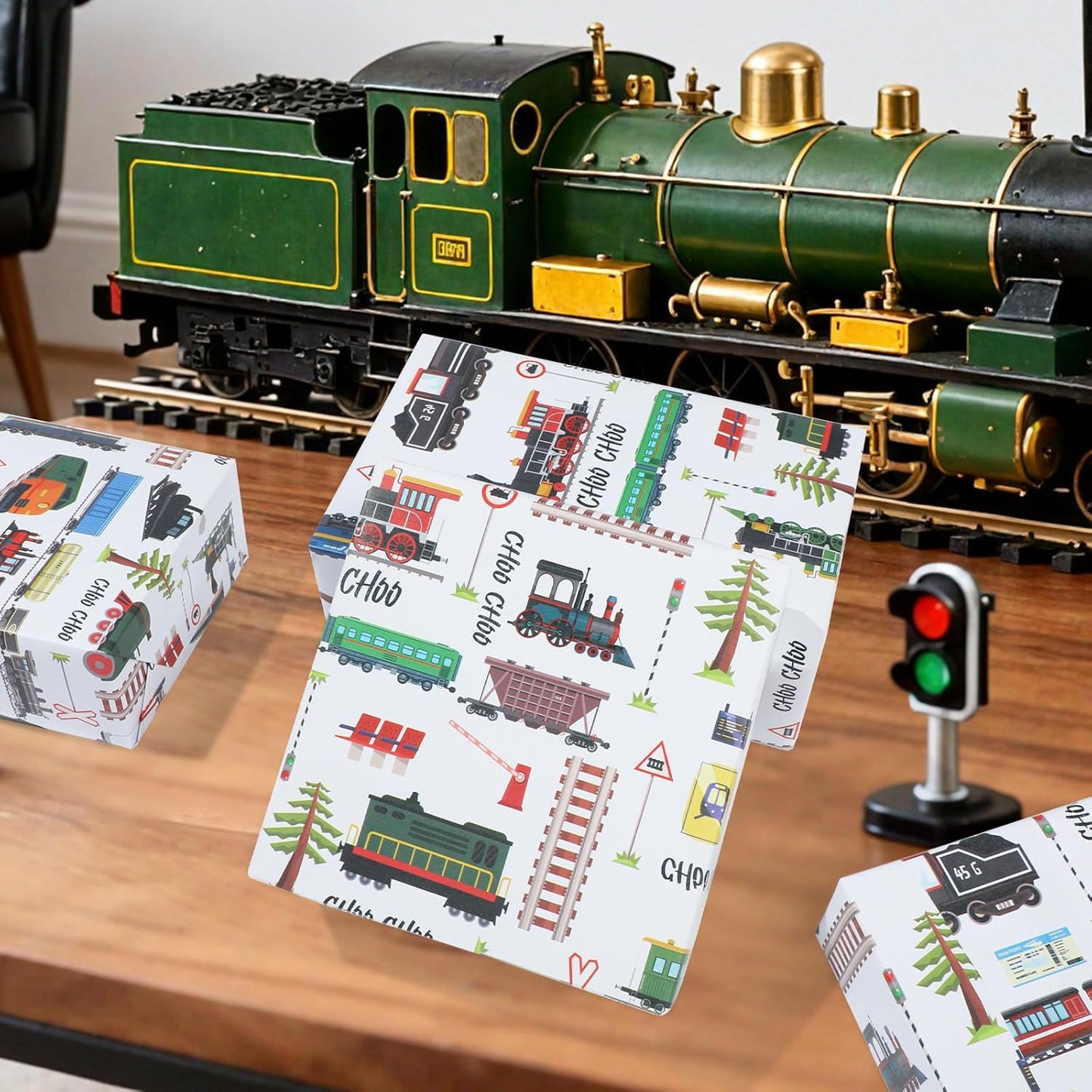 Pineraap Train Themed Wrapping Paper Roll - 17Inch x16.4Feet - Locomotive Railroad Track Sign Design Gift Wrap for Birthday,Holiday Parties,Baby Showers