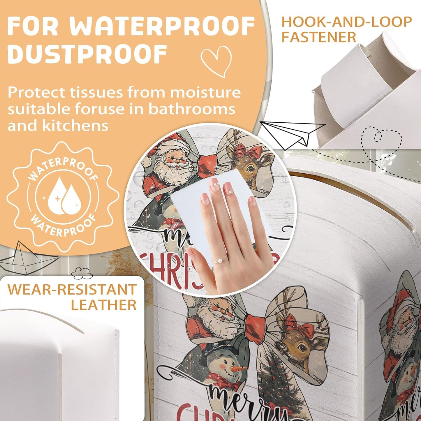 Merry Christmas Tissue Box Holder, Santa Claus Bow Reindeer Snowman Leather Tissue Box Cover Square, Paper Facial Decorative Tissues Cover for Bathroom Kitchen Office Home Decor-B26