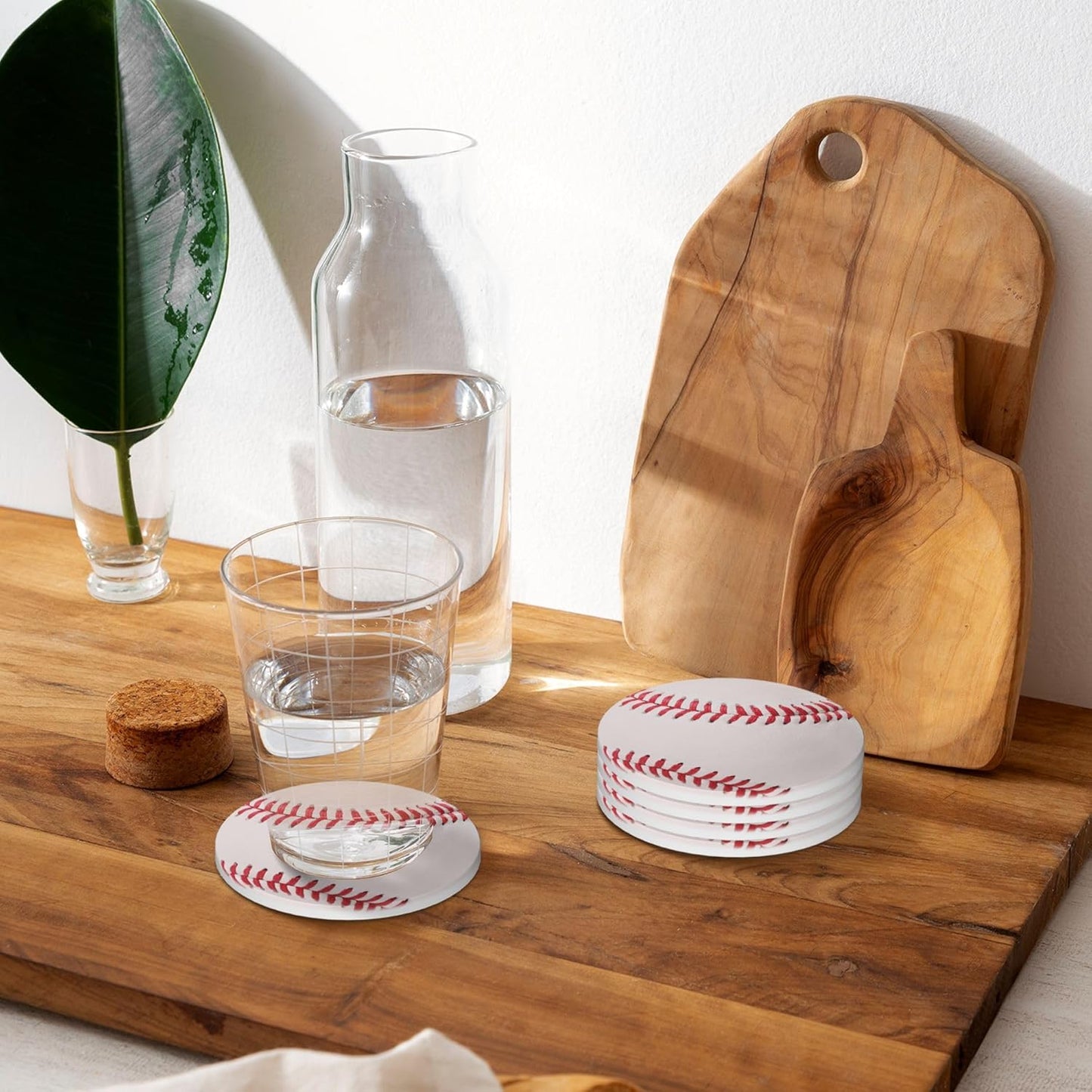 Baseball Ball Coasters for Drinks Set of 4, Absorbent Ceramic Drink Coasters for Coffee Table Wooden Table Cup Bar, 4 Inches