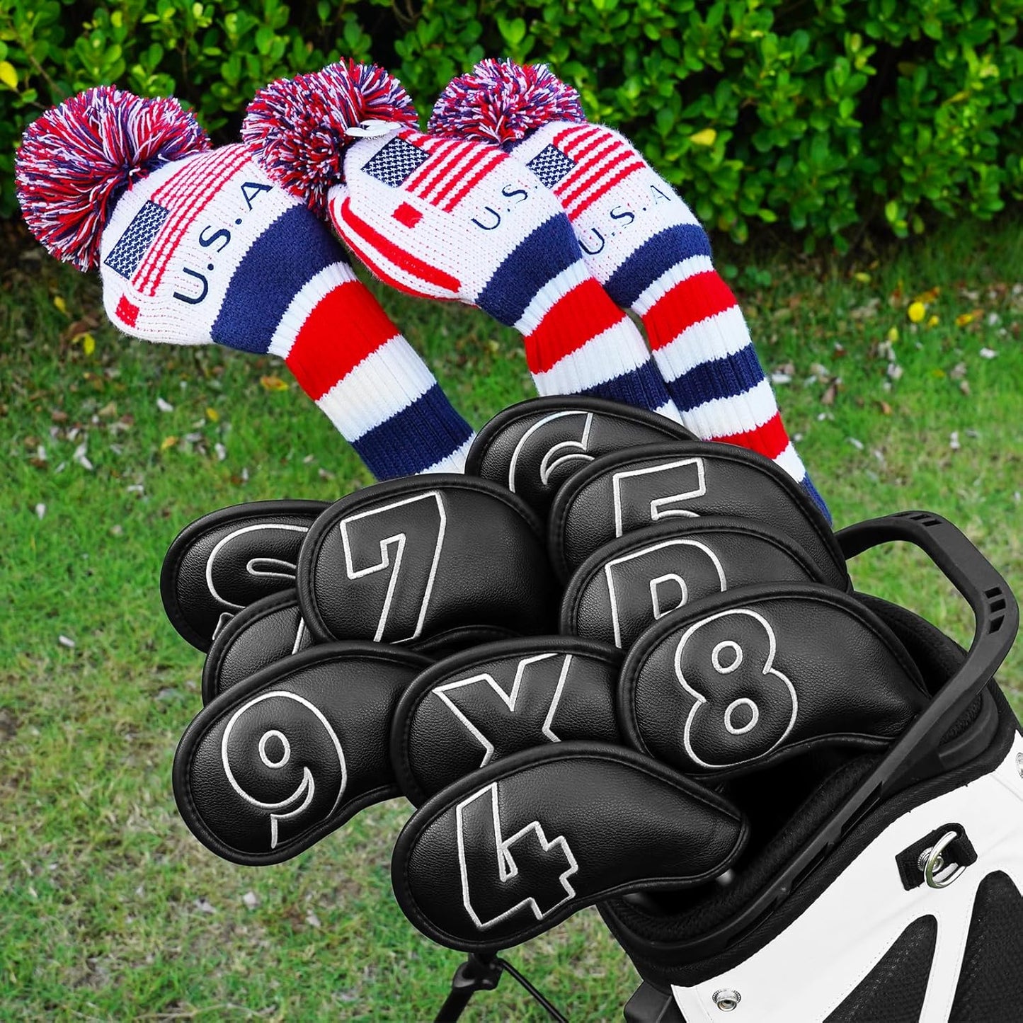 Craftsman Golf 10pcs Red No. on Both Sides Magnetic Closure Classic Black Leather Iron Headcover Covers Set Travel Cases Protector Available Custom with Name