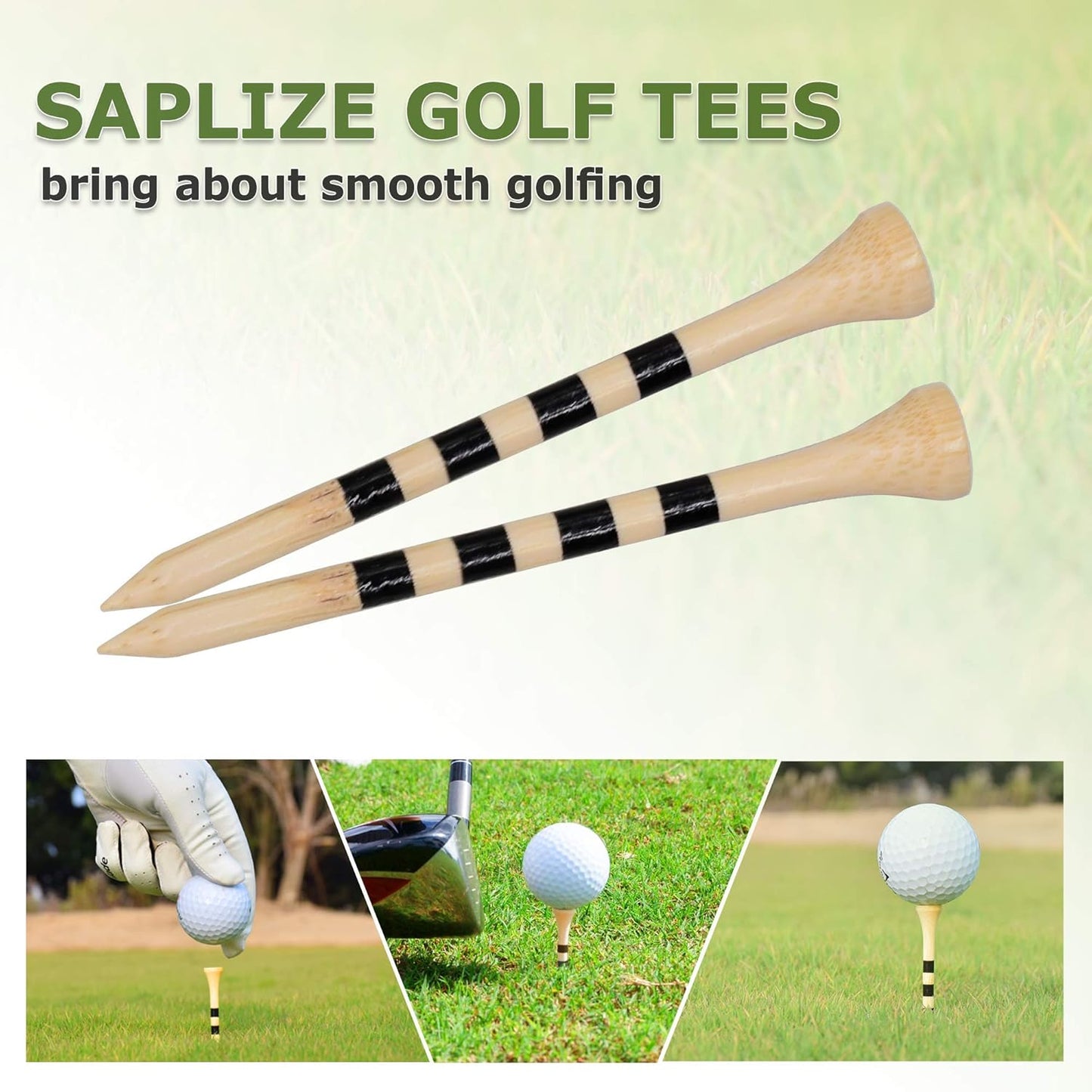 SAPLIZE Bamboo Golf Tees Pack of 100 or 150, Four Size Options (3-1/4", 2-3/4", 2-1/8", 1-1/2"), Stable and Reliable Golf Tees, Available in Natural Color