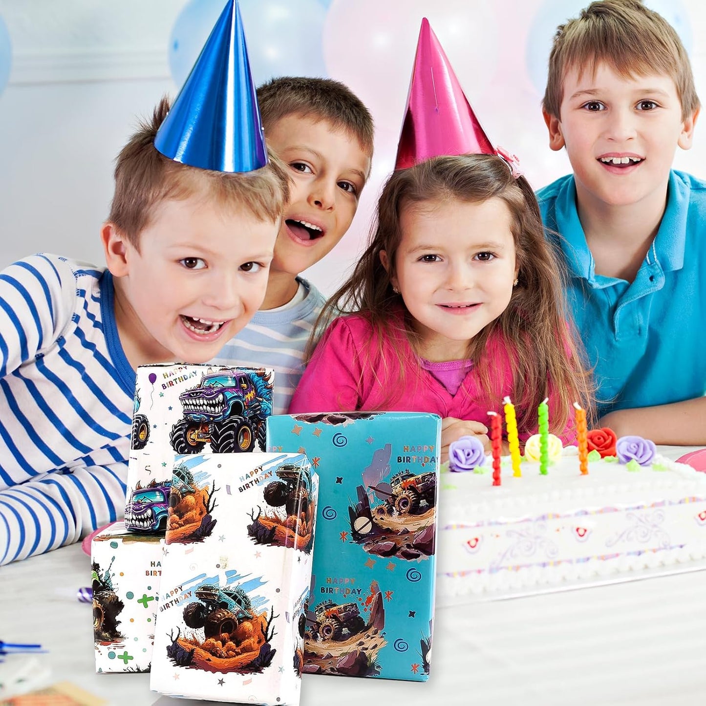 Vnaaem Monster Truck Birthday Wrapping Paper 8 Pc Happy Birthday Gift Wrap Racing Car Art Paper Folded Flat for Boys Kids Baby Shower Holiday 19.6 X27.8Inch