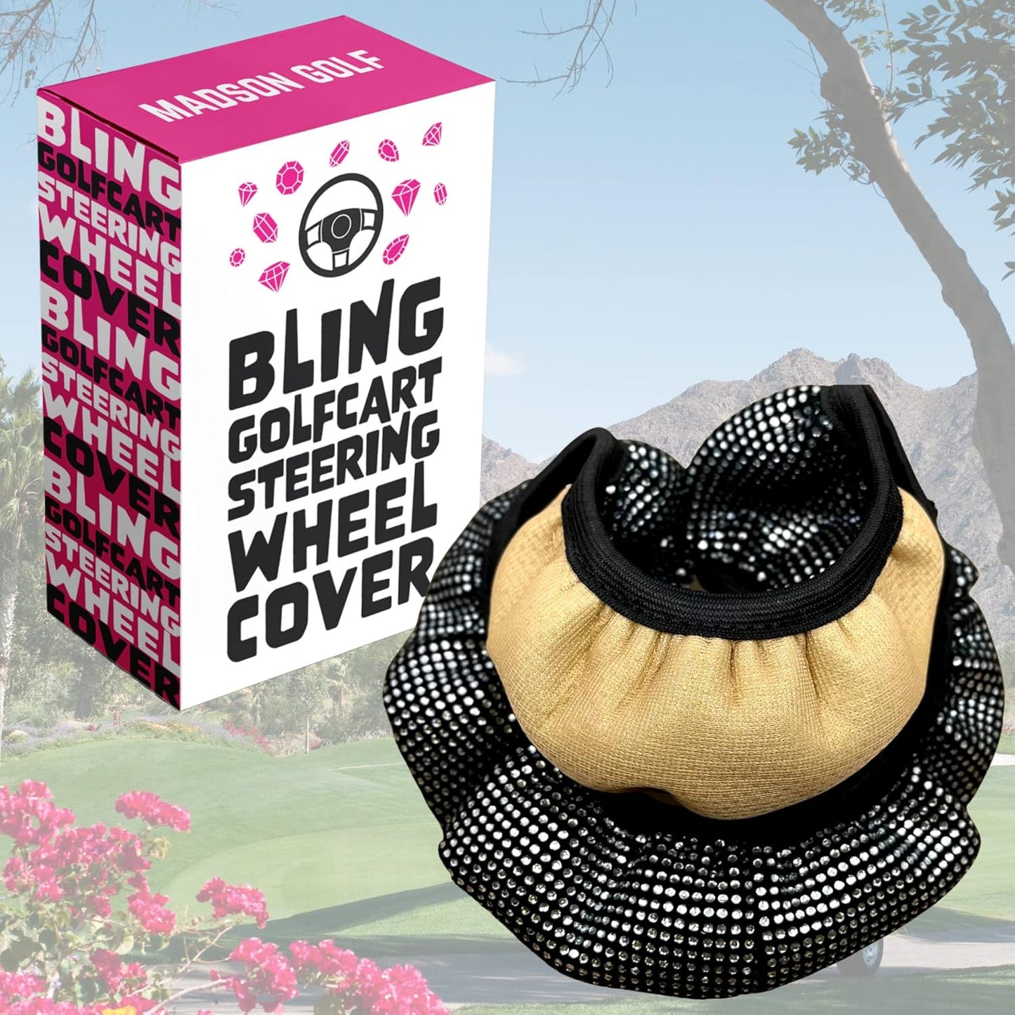 Universal Colorful Bling Crystal Diamond Rhinestones Golf Cart Steering Wheel Cover fits Club Car, Yahama, EZGO, Anti Slip Cover Easy to Install, Great Gifts for Golfer Women Womens (White Diamond)