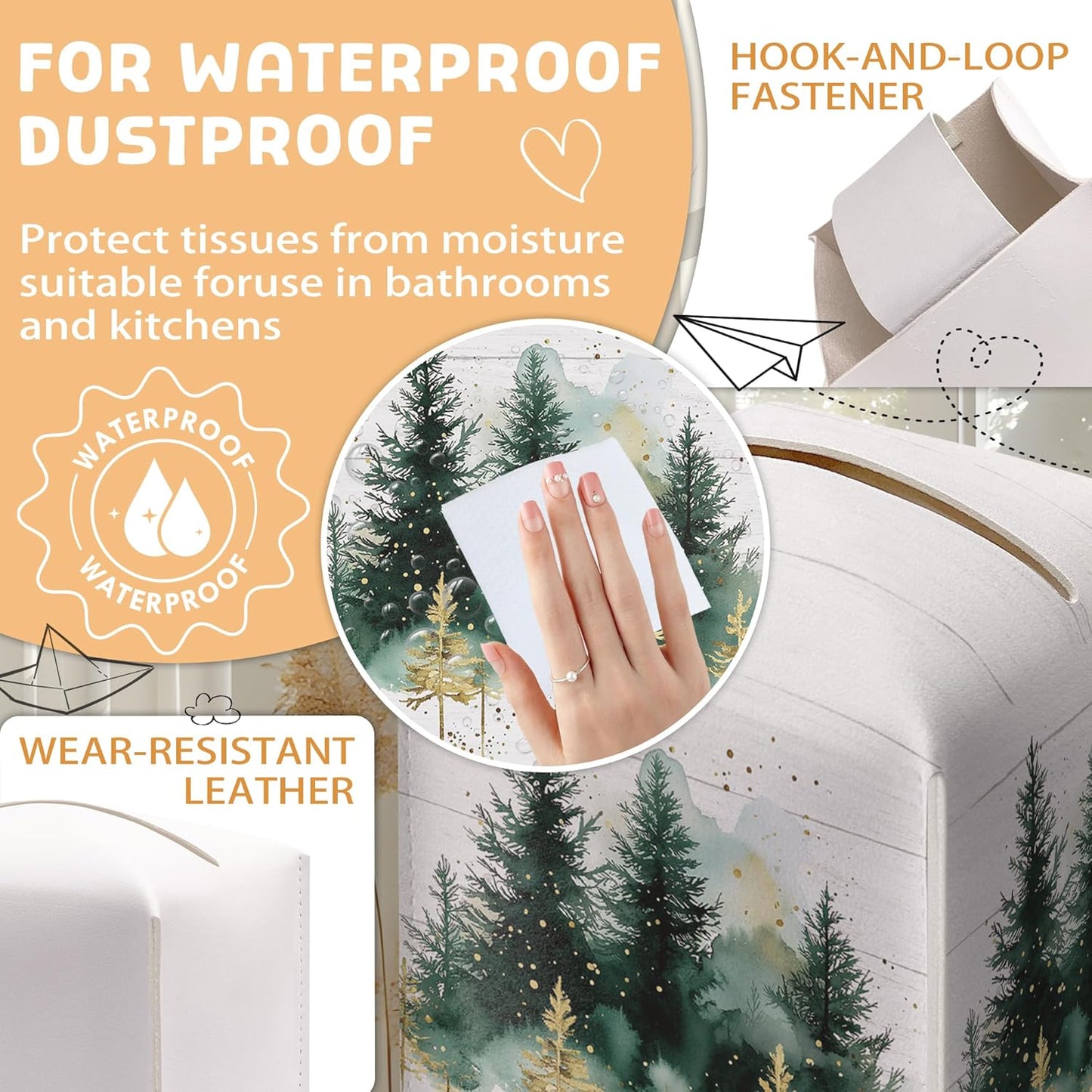 Winter Pine Tree Tissue Box Holder, Christmas Tree Leather Tissue Box Cover Square, Paper Facial Decorative Tissues Cover for Night Stands Bathroom Kitchen Office Home Decor-B17