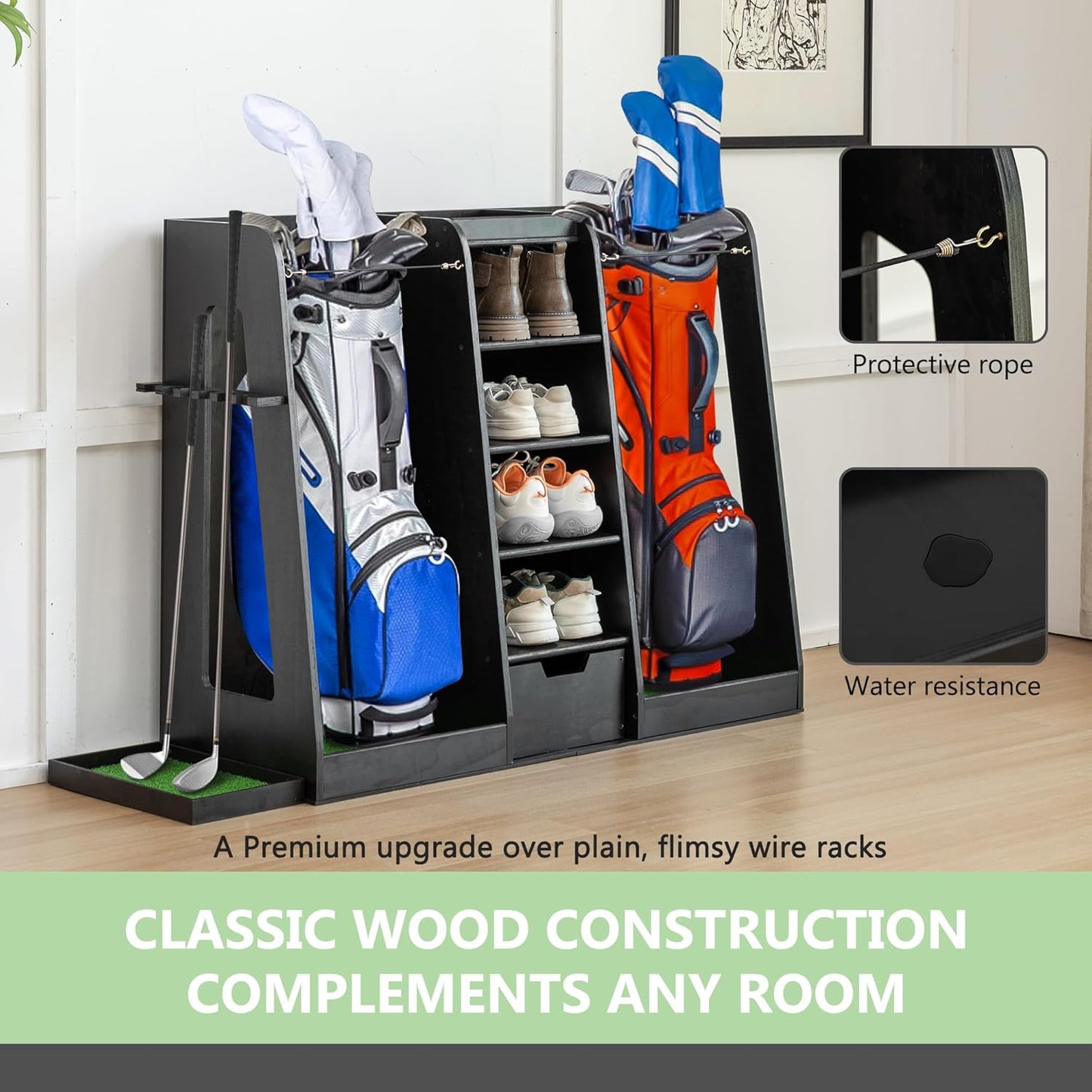 Golf Bag Organizer Storage Rack Large Wooden for 2 Bags, Golf Club Stand Holder with Drawer, Sports Equipment Rack for Garage, Practice Room, Home or Office