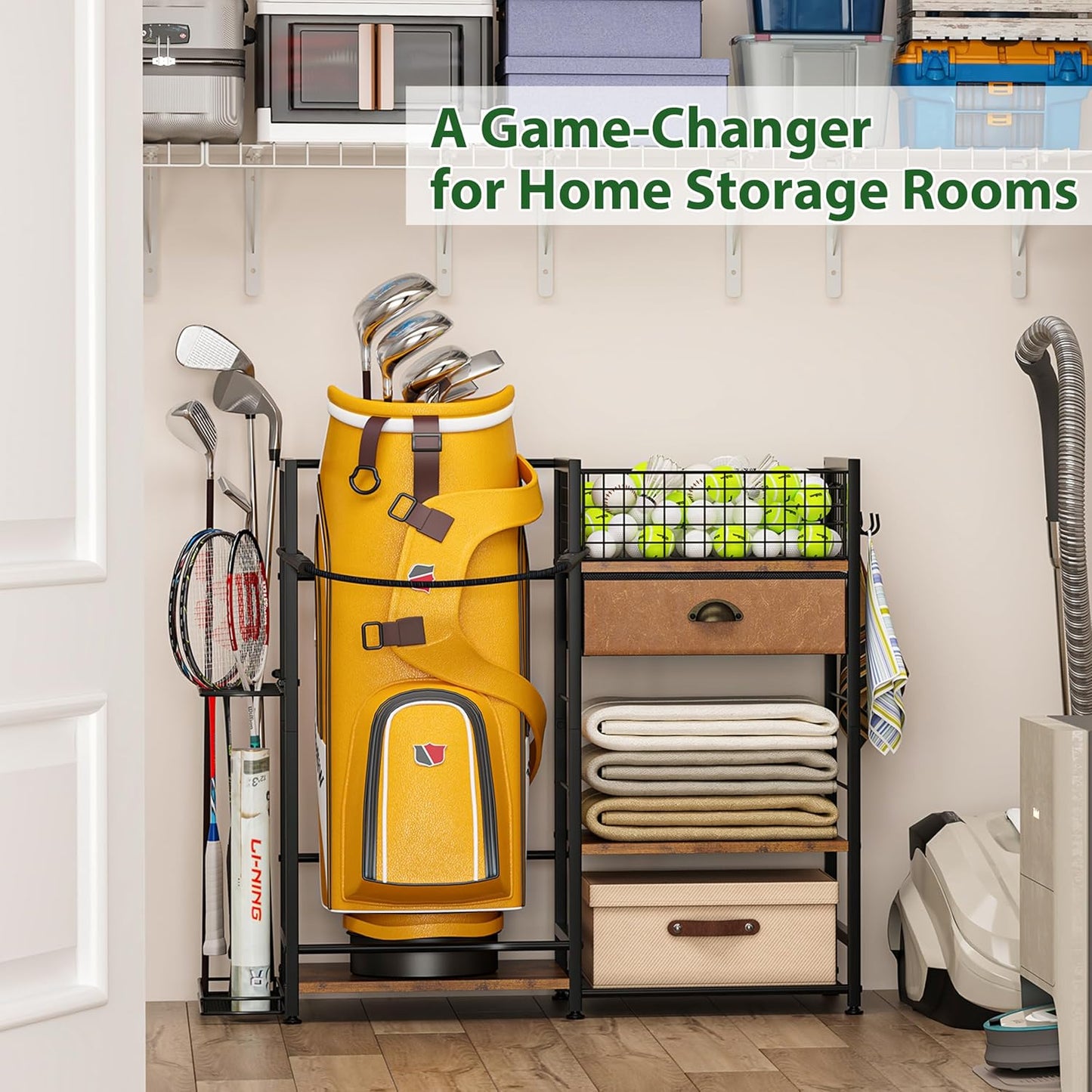 Golf Bag Organizer with Drawer for Golf Accessories for Men, Golf Bag Stand with Extra Storage Rack for Clubs, Golf Bag Holder for Golf Storage Fits 1 Bag, Garage, Home or Club Use, Golf Gifts for Dad