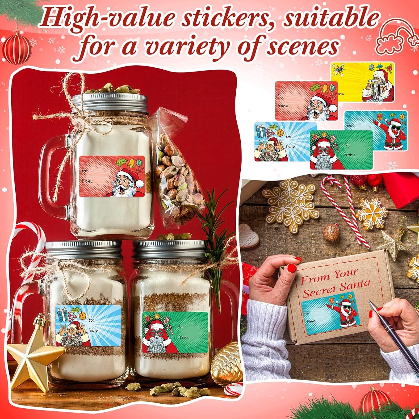 Outus 500 Pieces Christmas Tags Self Adhesive Gift Tags for Xmas Presents Christmas Name Labels Stickers for Wrapping Paper Festival Birthday Holiday Decor(Funny Style,2.76 x 1.57 Inch)