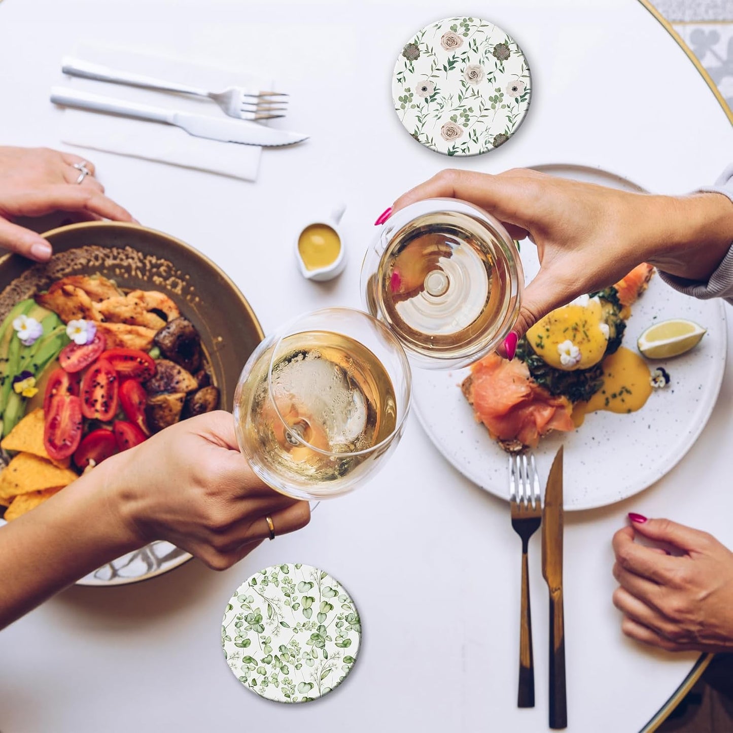 Table Coaster for Drinks Set of 6, Eucalyptus Leaf Flower Watercolor Round Ceramic Coasters,with Cork Base and Metal Holder,Great Housewarming Birthday Gifts,Home Decor