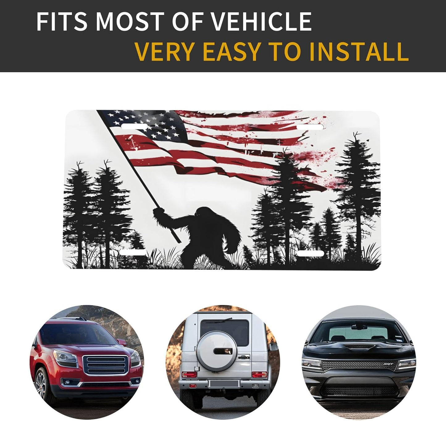 Flag Bigfoot Forest License Plate Funny Aluminum Front License Plates Decorative Waterproof Rust-Free Metal Car Plate Covers for Women Men Car Tag Accessories fit Truck SUV Rv 12 X 6 Inch