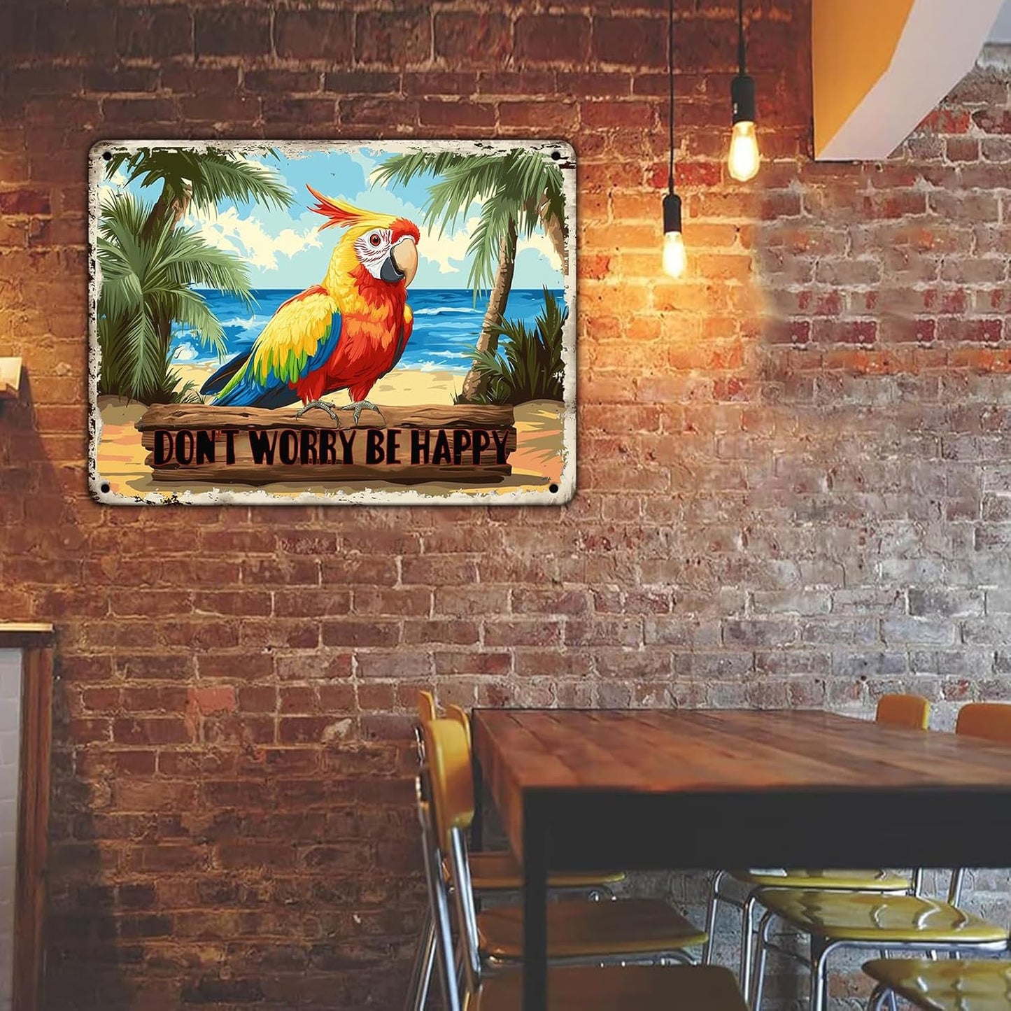 Creative Vintage Tin Metal Sign Don'T Worry Be Happy The Beach Parrot Iron Sign For Friend Porch Backyard Bar Outdoor Patio 12x8 Inch