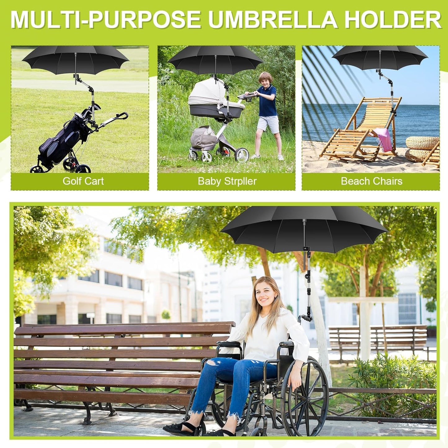 2 Set Adjustable Umbrella Clamp for Chair and Wrenches Universal Clip on Wheelchair Umbrella Mount Holder for Stroller, Golf Cart, Beach Chair, Bicycle, Bleacher, Patio, Fishing