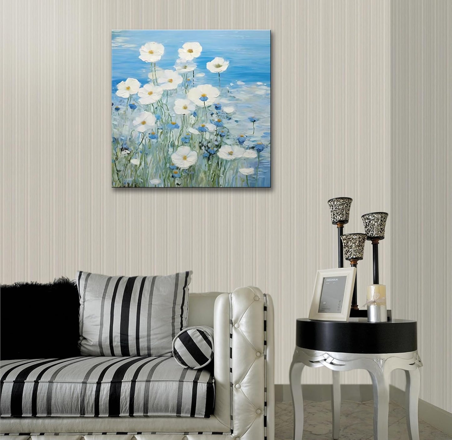 dgbtcart Bathroom Wall Art White Daisy Flower Picture Decor, Textured Blue Floral Painting Modern Artwork Canvas Print for Bedroom Office Home Decoration - 14"x14"