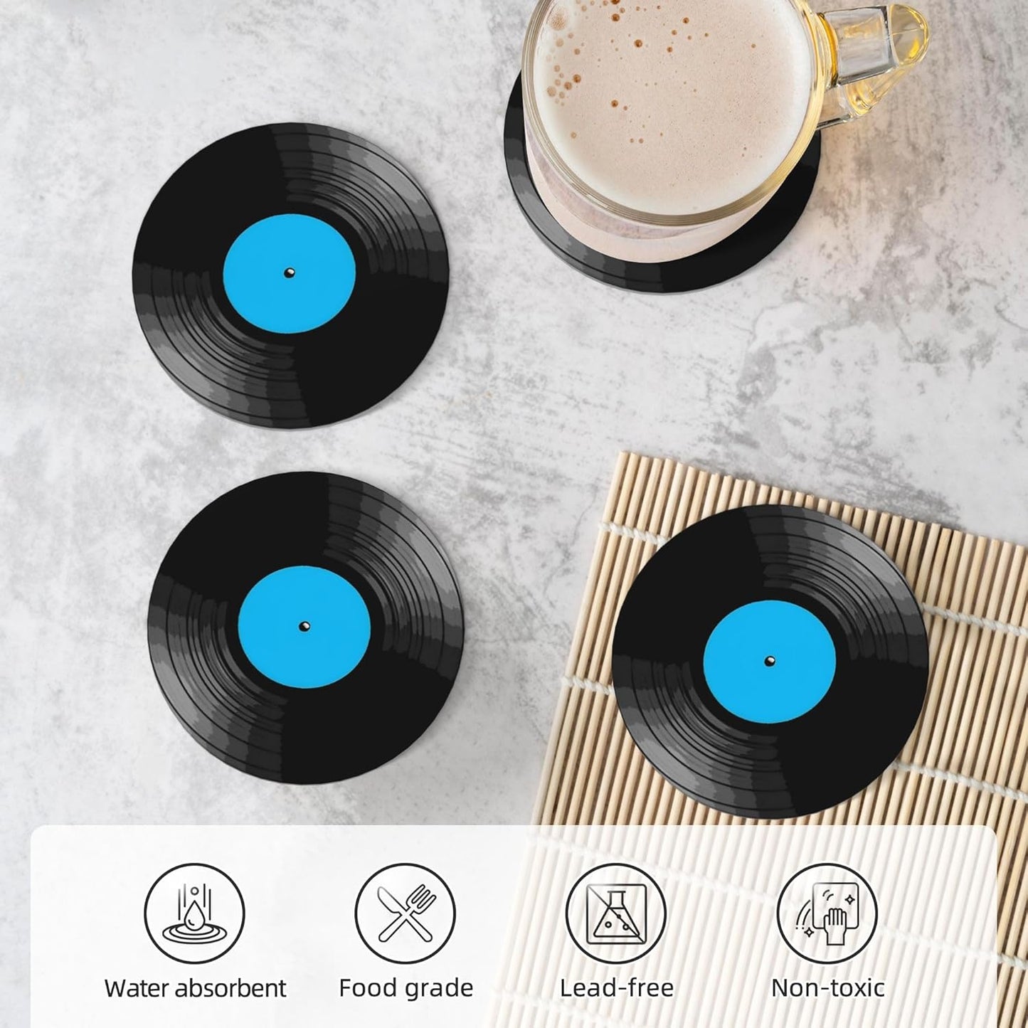 Vinyl Record Coasters for Drinks Set of 4, Absorbent Ceramic Drink Coasters for Coffee Table Wooden Table Cup Bar, 4 Inches