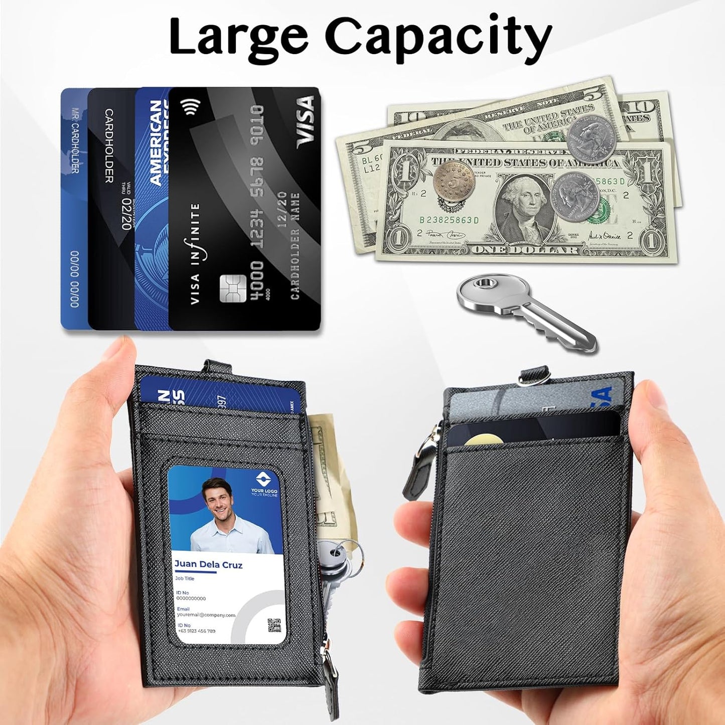 DELSWIN Badge Holder with Retractable Lanyard, PU Leather ID Badge Card Holder with 1 ID Window, 4 Card Slots, 1 Side Zipper Pocket, and Adjustable Neck Strap