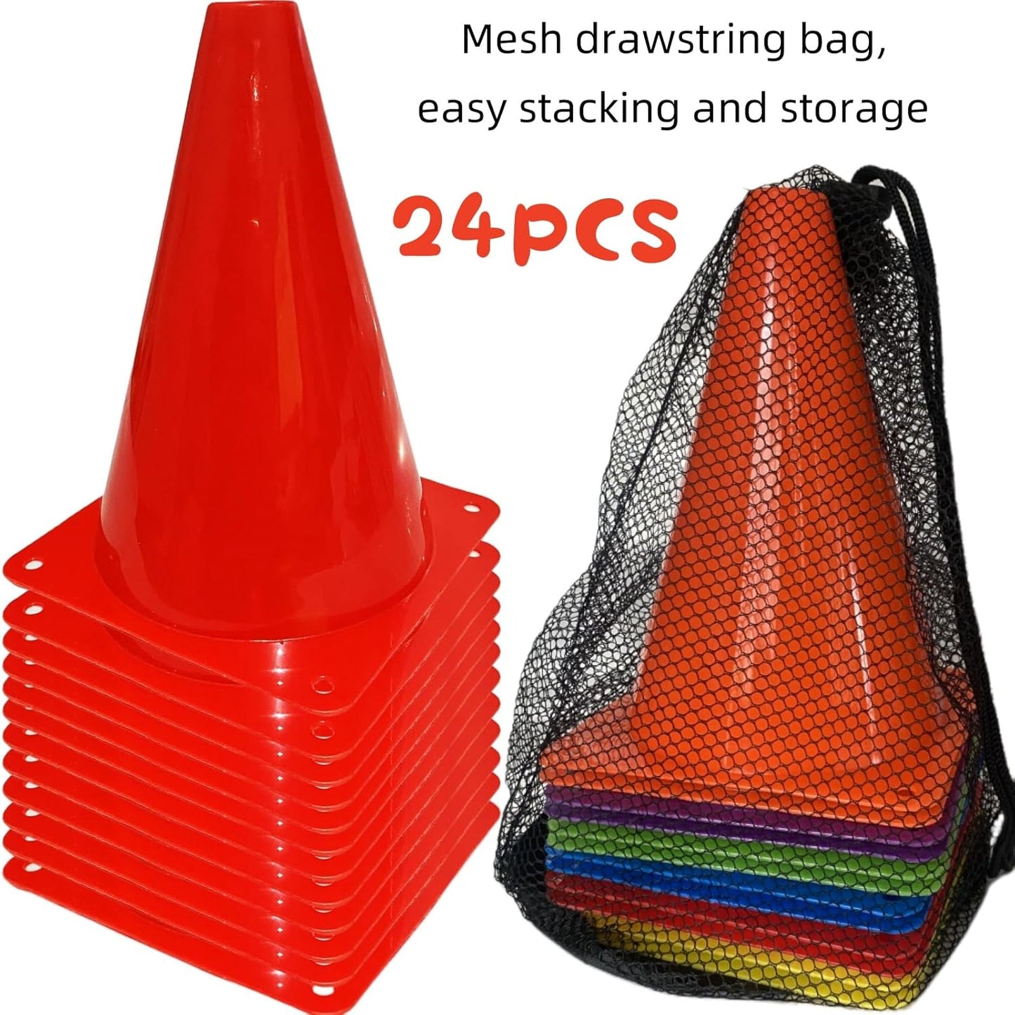 24 Pcs 7 Inch Plastic Traffic Cones, Basketball Football Drills, Skating, Sport Training Agility Markers, Indoor Outdoor Games, Multicolor