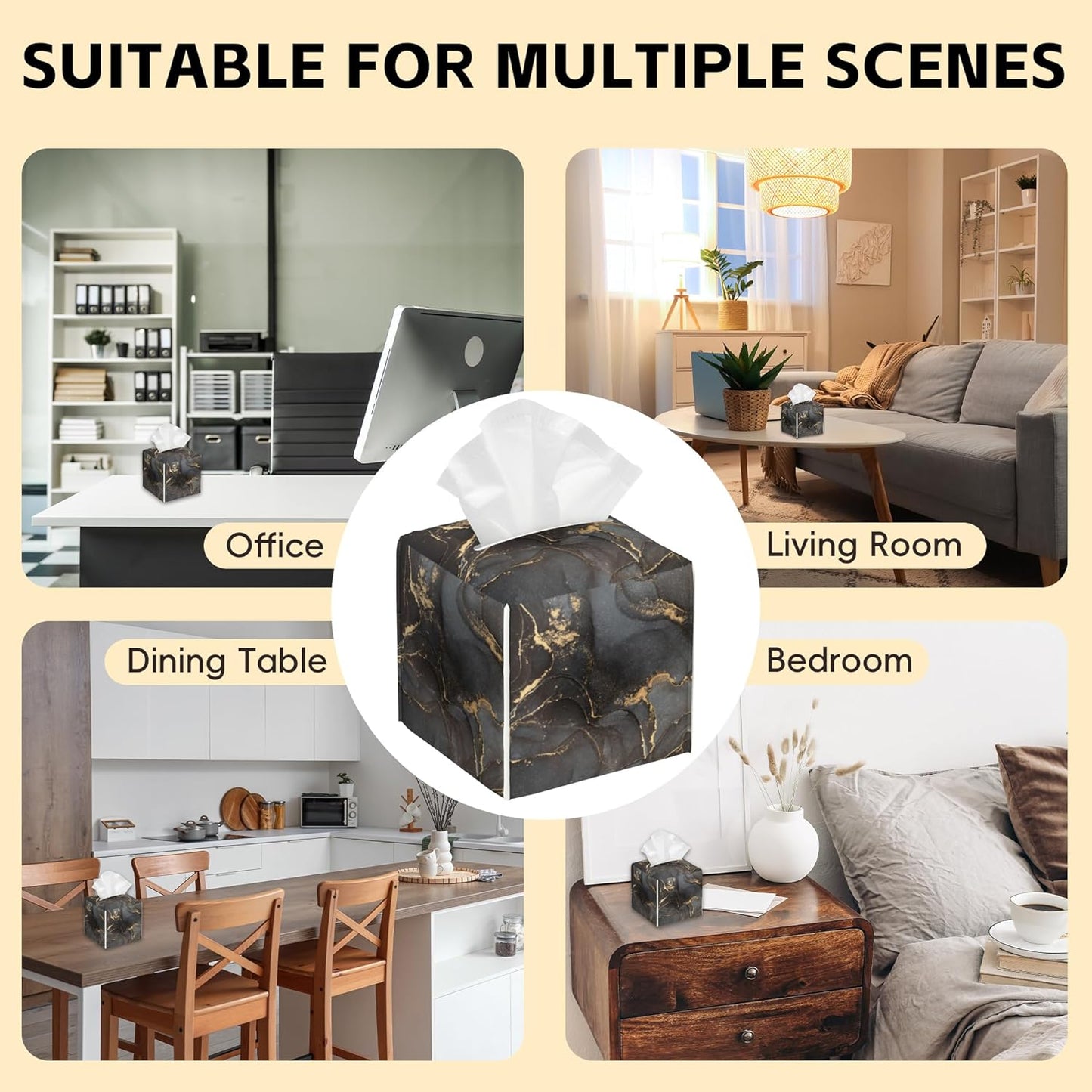 Tissue Box Cover Square,Black Gloden Fluid Marble Tissue Box Holder Waterproof Leather Facial Paper Case Modern Home Decoration for Bedroom Dresser Night Stand Office Desk