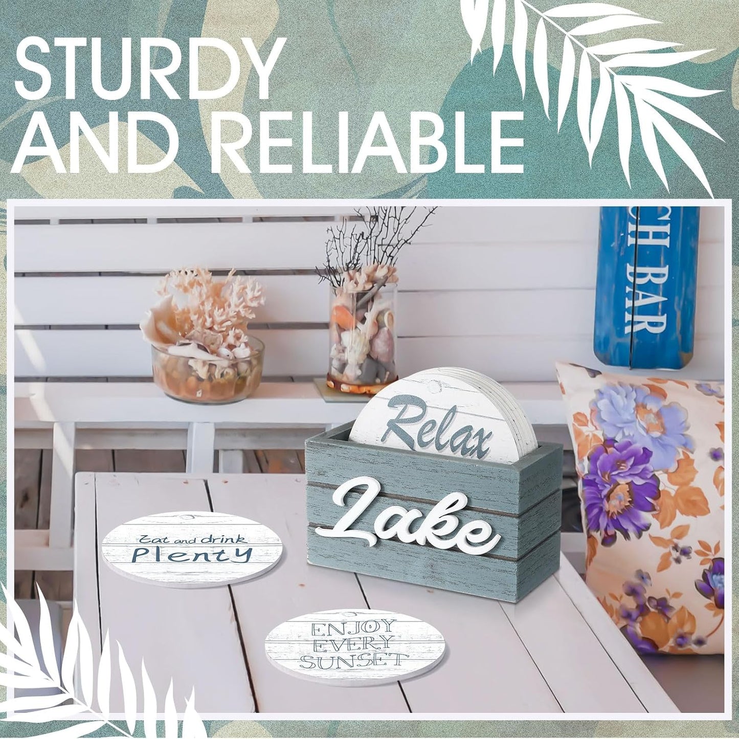 Queekay 6 Set Lake Theme Coasters with Holder for Drinks, Lake Lovers House Gifts, 4'' Wooden Coasters with Sayings Housewarming Gifts for Home Bar Coffee Table Decorations (Bright Color)