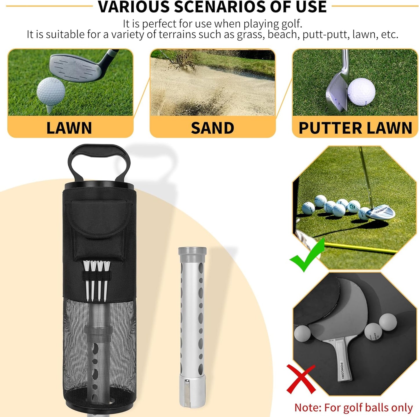 AKOZLIN Golf Ball Retriever Portable Shag Bag Golf Ball Pick Up Collector with Detachable Aluminum Tube Tee Holder, Pocket Shagger Storage