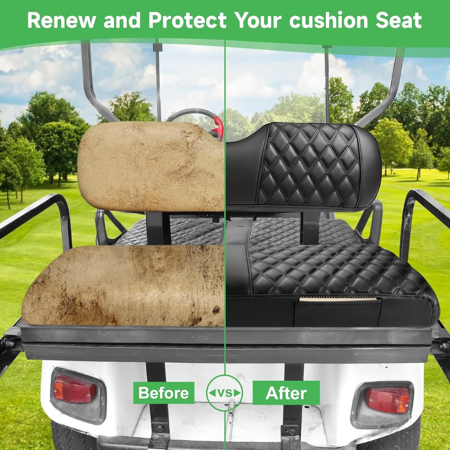 Golf Cart Rear Seat Covers for EZGO Club Car Yamaha Aftermarket Rear Seat Cushion, Rear Seat Cover Set with Concave and Convex Design, Thick Vinyl Leather Comfortable Breathable