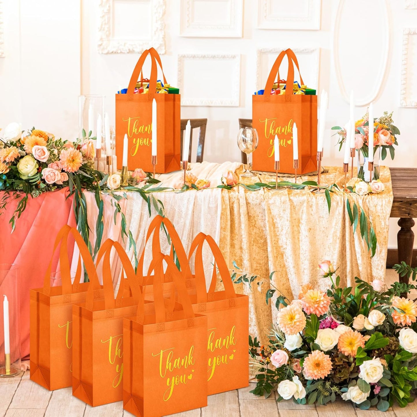 Sweetude 30 Pcs Thank You Gift Bags with Handles Bulk Reusable Goodie Bag Non Woven Foldable Handbag for Graduation Wedding Bridesmaid Gifts(10 x 8 x 4 Inch,Orange)