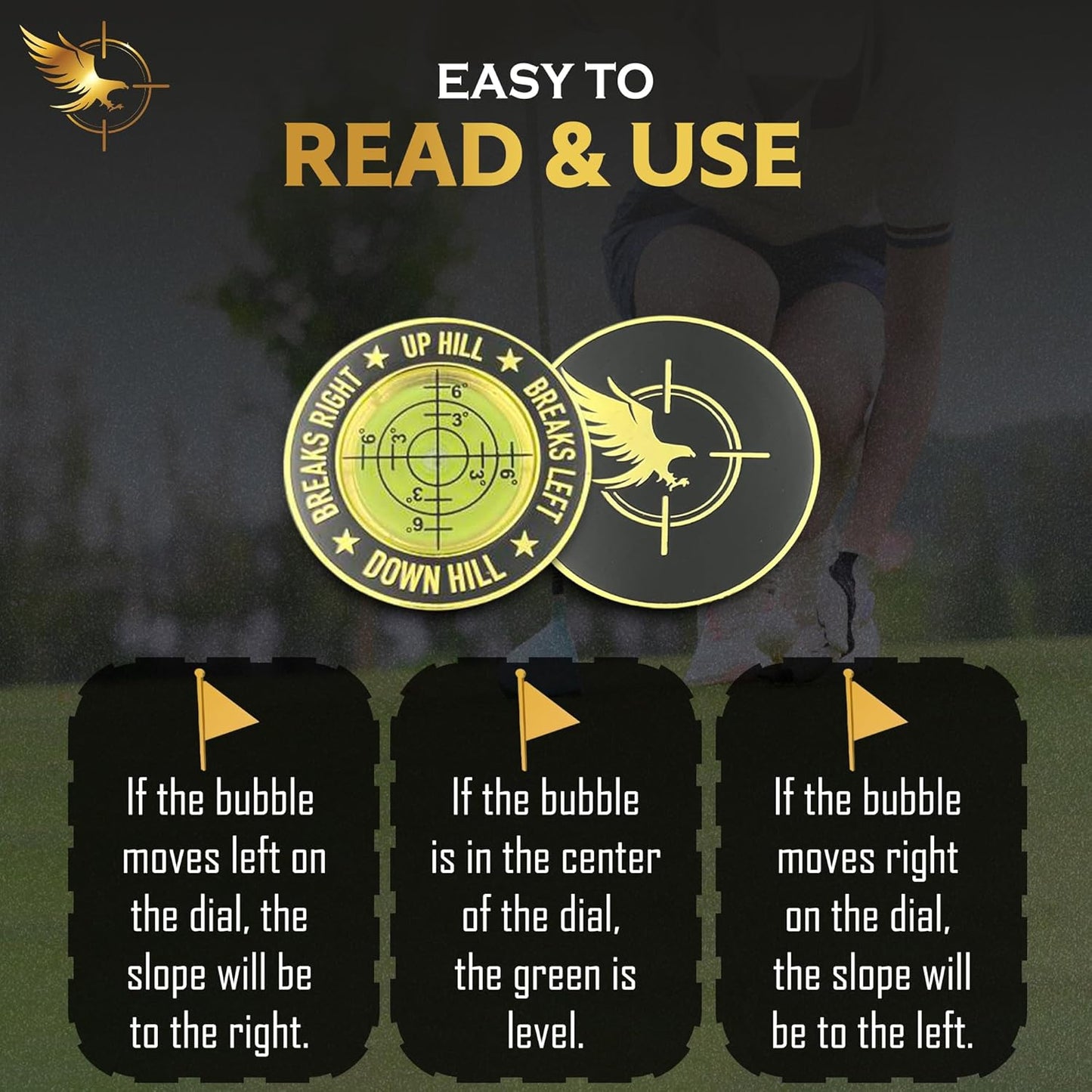 GOLD'N GOLF Pro Golf Green Reader, Level Golf Accessories for Men and Women, Golf Ball Marker, Putting Green Reading aid, Beautiful Gift for Golf Lovers