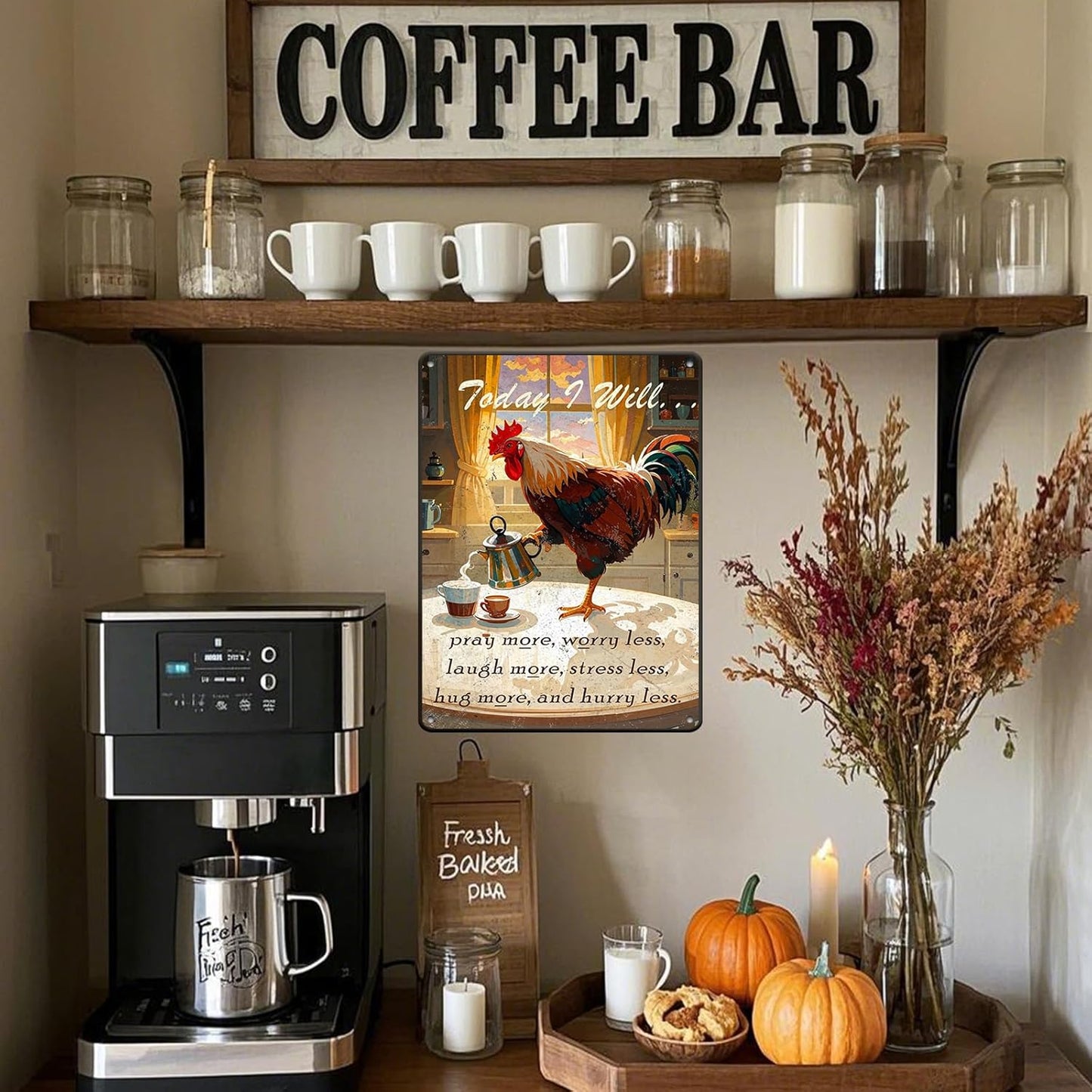 Chicken Sign Rooster Kitchen Decor Today I Will Pry More Worry Less Metal Sign Poster 12x16 Inch Home Kitchen Offce Cafe Coffee Are Farm Wall Decor