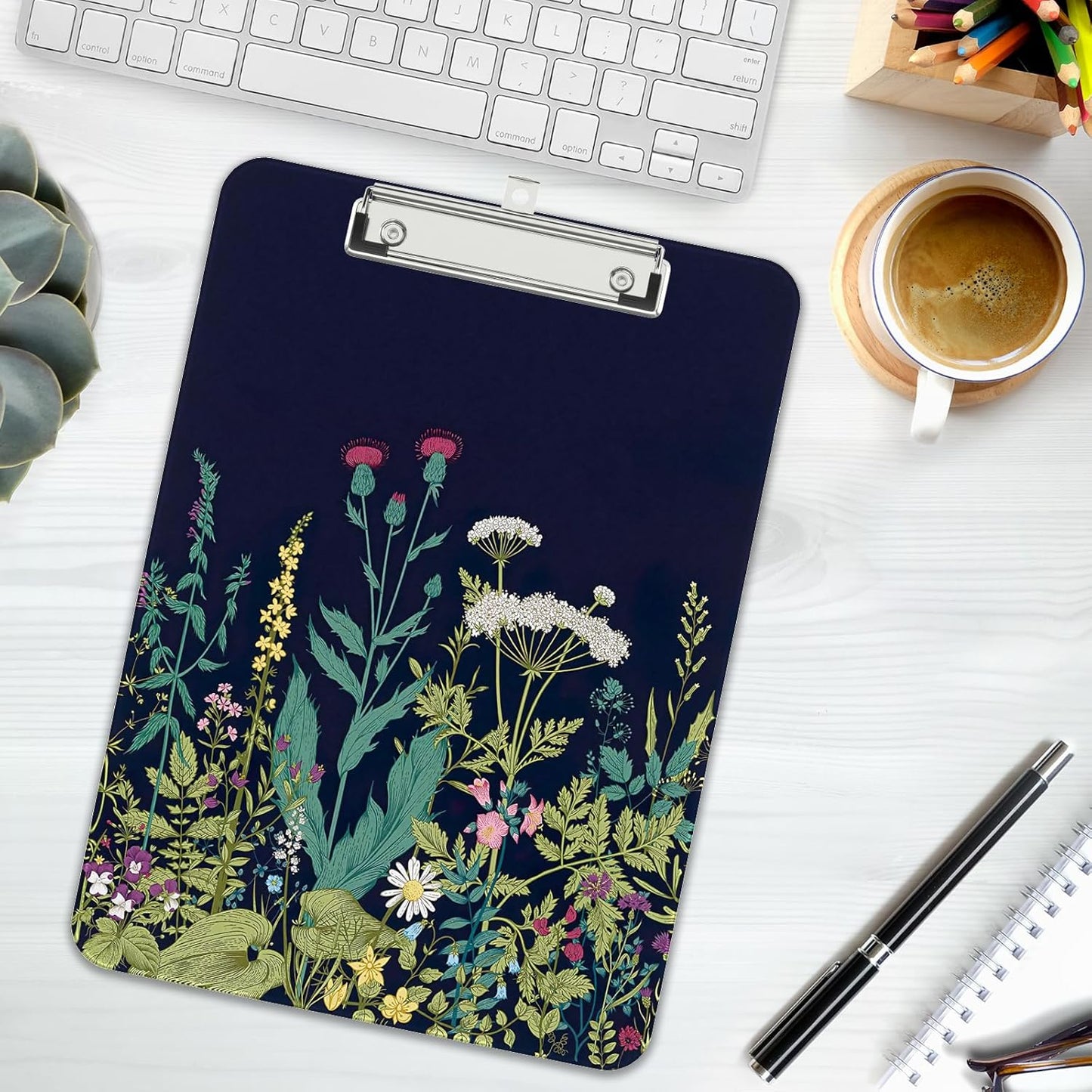 Rimilak Plastic Clipboards with Metal Clip, A4 Letter Size 9 x 12.5 in, Office Decorative for Students Women Men and Kids, Cute Custom Pattern, Night Flower