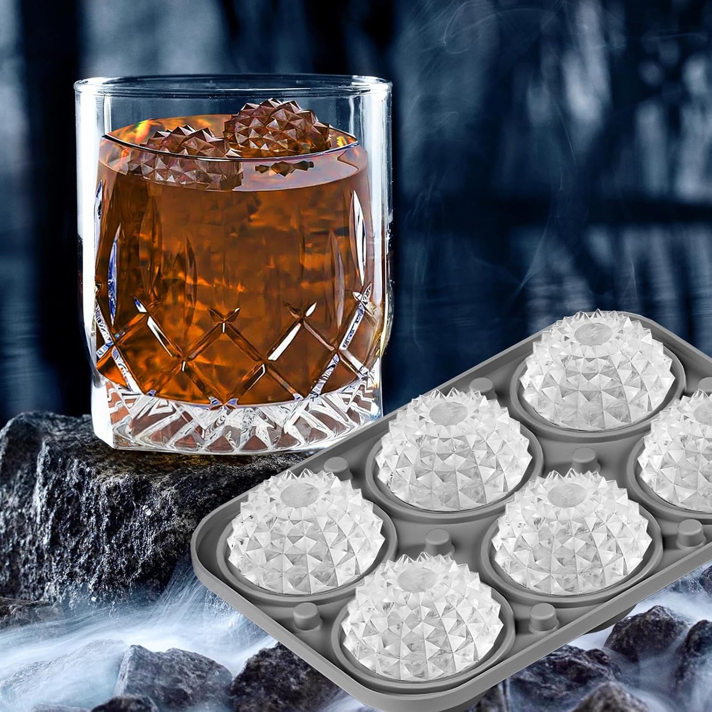 Nax Caki 3D Ball Crystal Ice Cube Tray, Large Ball Silicone Fun Shapes Whiskey Ice Mold with Funnel for Cocktails, Bourbon,Brandy, Whiskey Gifts for Men