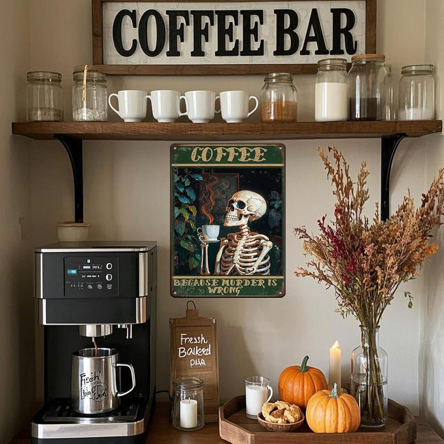 Vintage Coffee Skull Tin Sign Skeleton Old Fashioned Because Murder Is Wrong Metal Tin Sign Poster 12x16 Inch Home Restaurant Coffee Shop Wall Decor