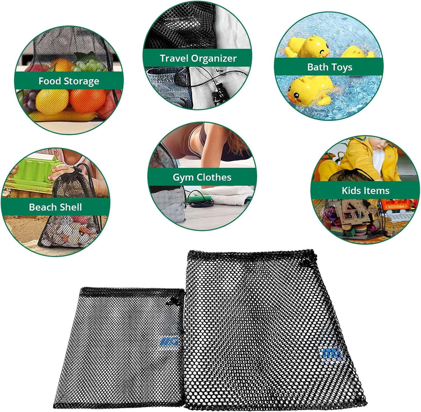 Mesh Bags with Drawstring - 2 Pack Nylon Golf Ball Storage Mesh Bags Sports Equipment Organizer Sack for Collecting Half Balls, Tennis, Toys, Beach, Travel