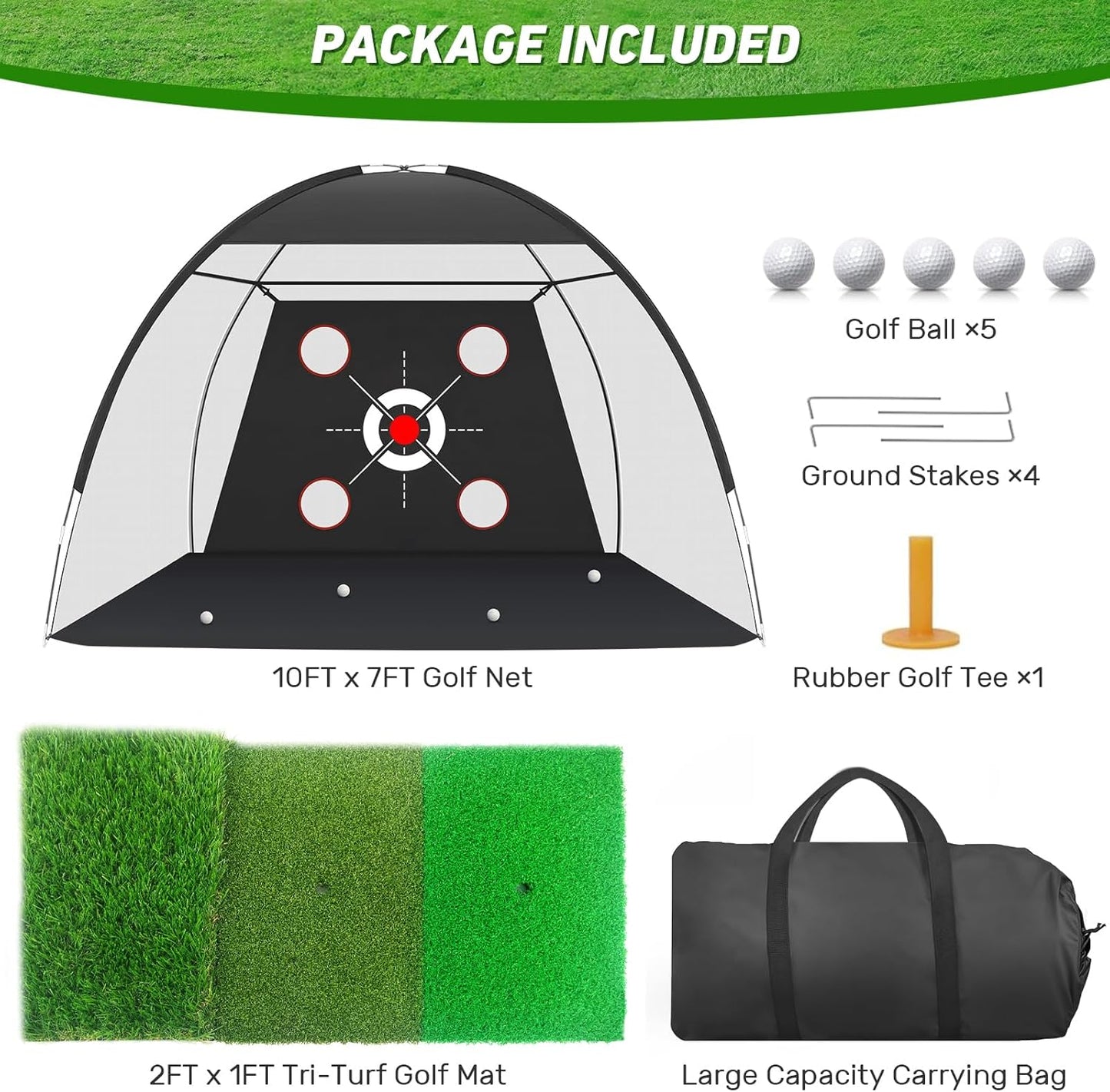 Golf Net, 10x7FT with Golf Practice Mat, Hitting Aid Nets for Backyard Driving Chipping Training Swing with Targets Outdoor or Indoor– Gifts for Men/Dad/Him