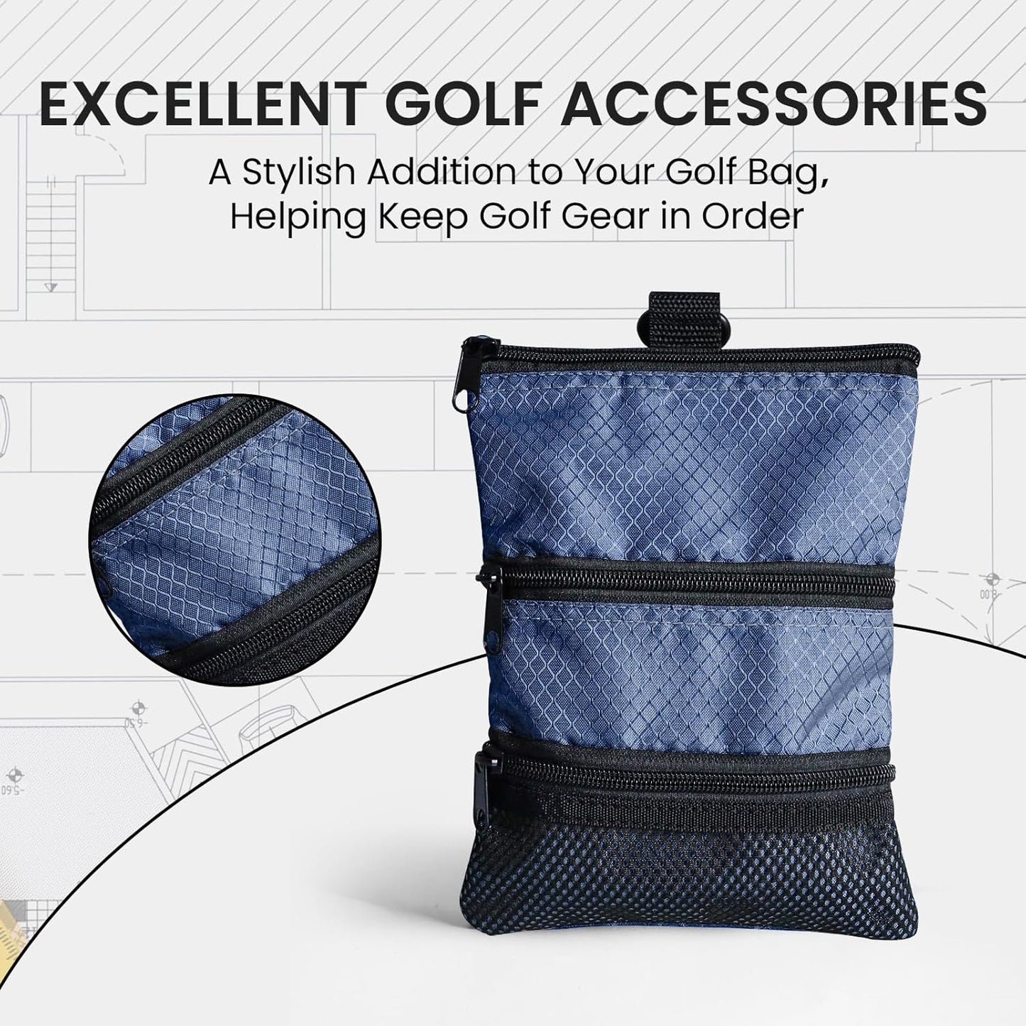 FINGER TEN Golf Pouch Bag for Valuables Tee Color with 4 Golf Pencil Pack, Zippered Pocket Gear Clip Hook to Bag