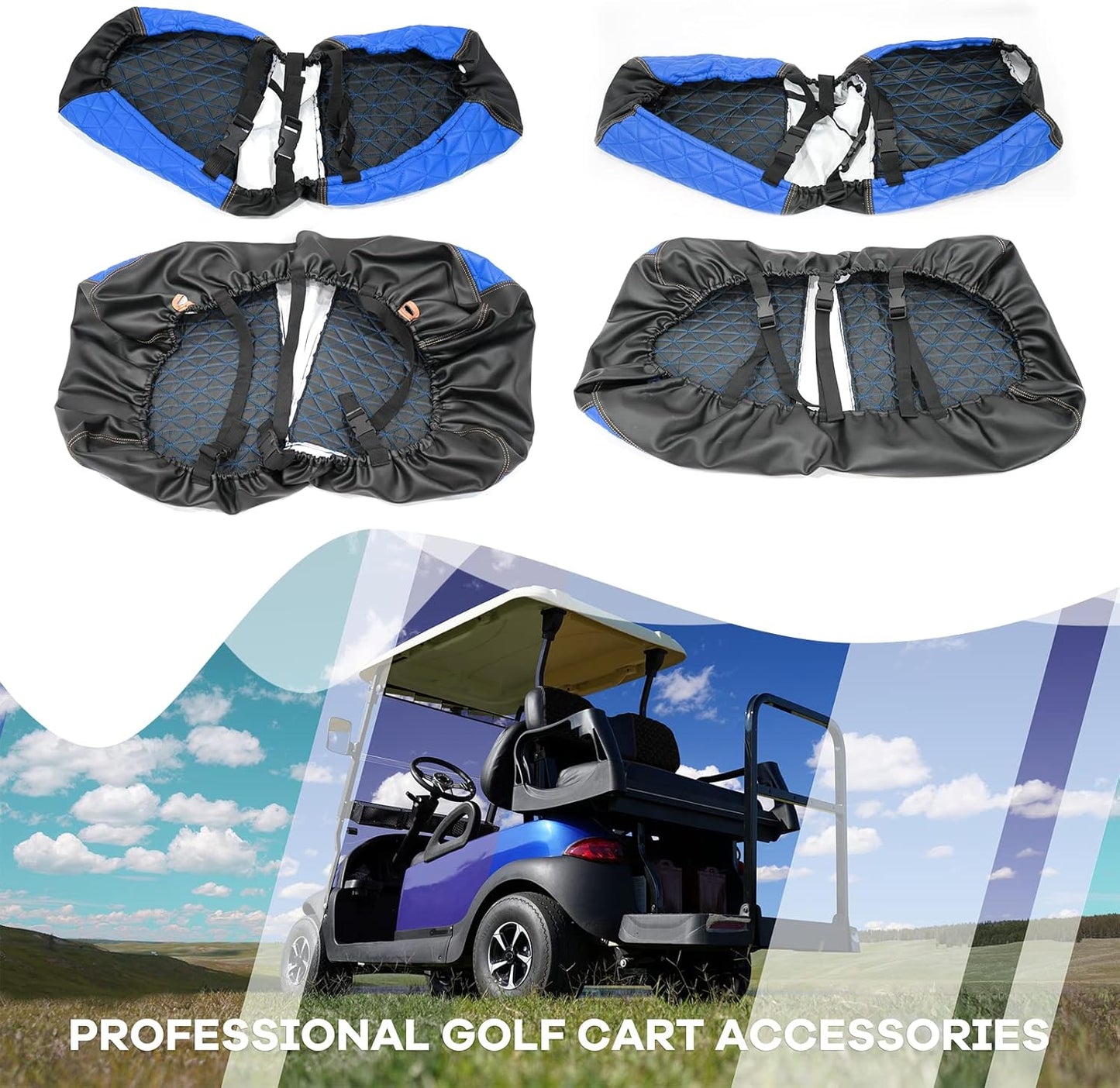 XUANYUDG0769 Golf Cart Front and Rear Seat Covers for EZGO TXT/RXV Club Car DS/Precedent Yamaha G29, Vinyl Leather Made/Adjustable Straps and Retractable Buckle/No Stapler Required,4PCS