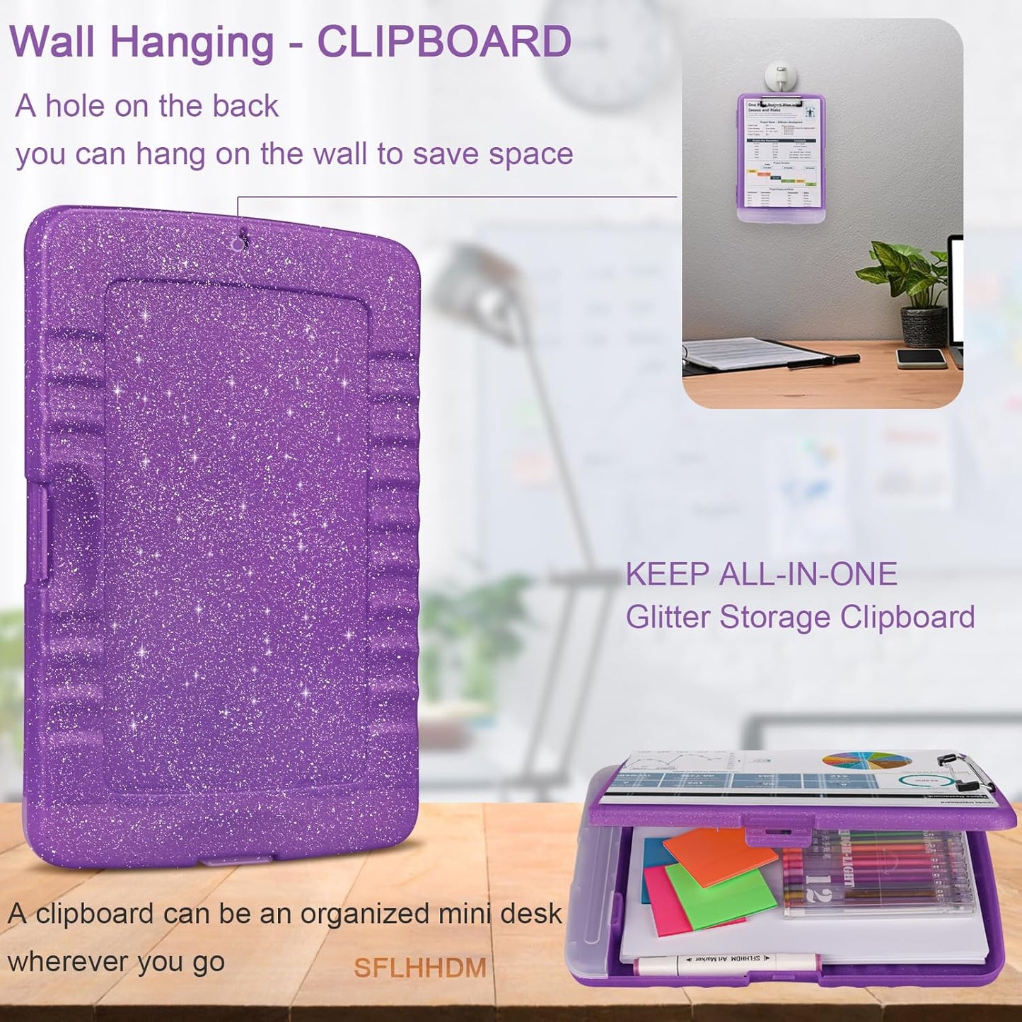 Glitter Clipboard with Storage,Storage Clipboard with Pen Holder,A4 Binder Clip Boards 8.5x11 with Low Profile Clip,Side Opening Sparkle Clipboards, Clipboards Folder for Office Supplies-Dark Purple