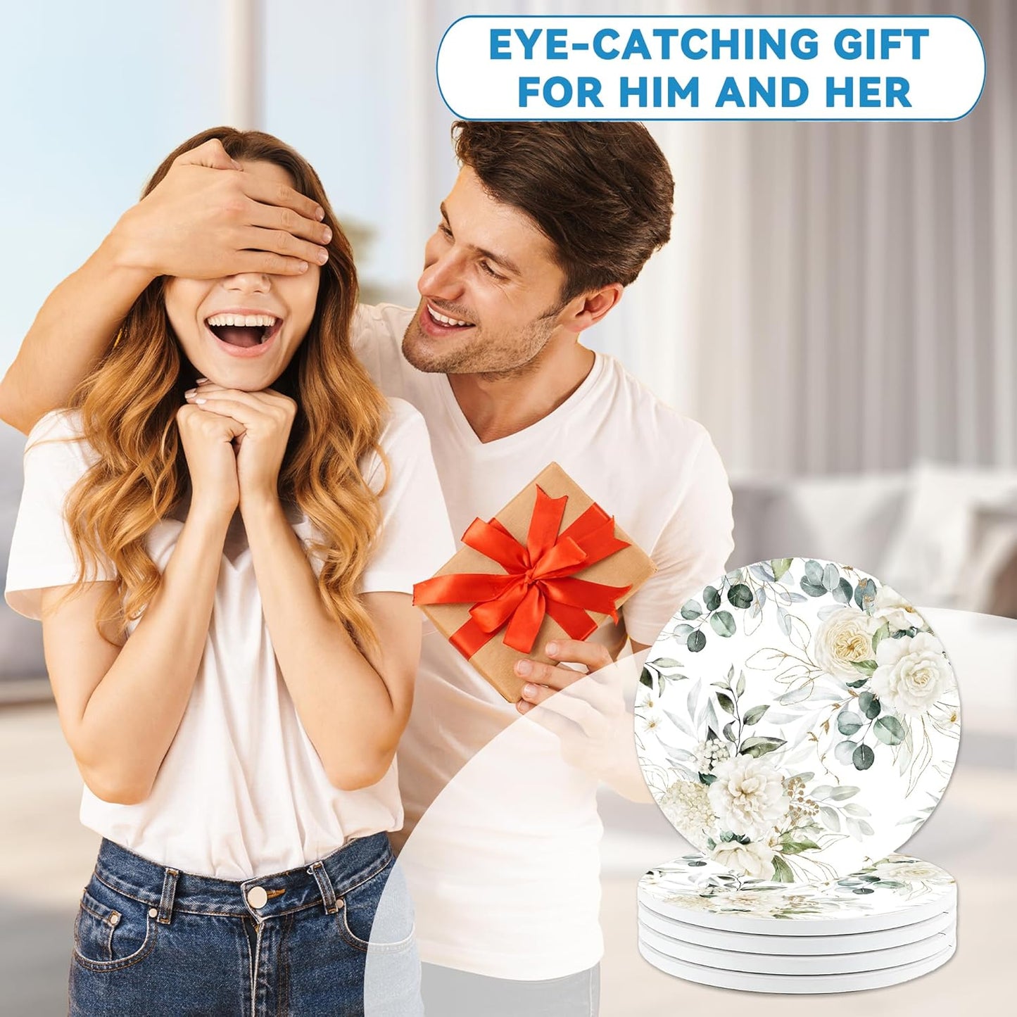 Drinks Coasters Set of 4, Green Leaves Peony Round 4" Cup Coasters, Absorbent Ceramic Stone Coasters with Cork Base, Cute Coasters for Table Home Décor, Ideal Gifts for Women Men