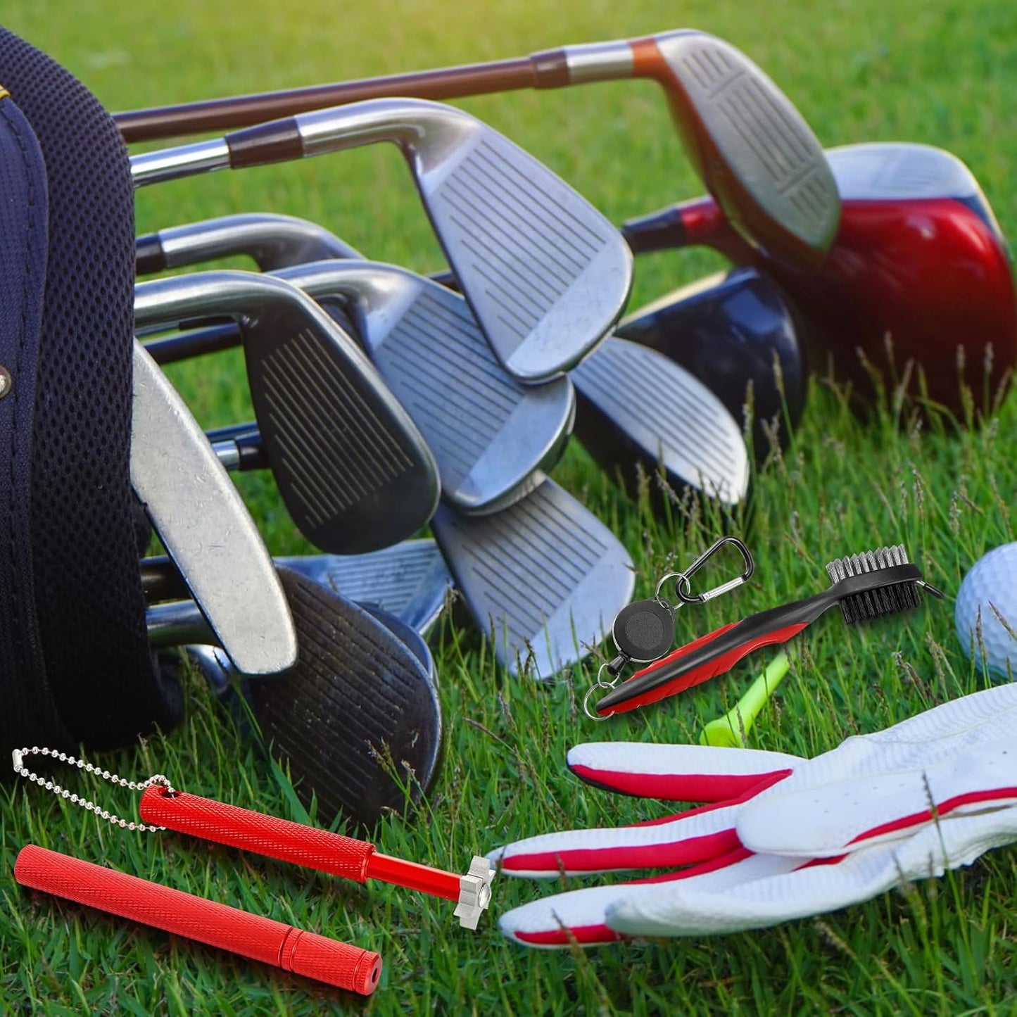 Skylety 3 Pieces Golf Club Groove Sharpener Retractable Brush and 6-Head Groove Sharpener Re-Grooving Tool and Cleaner for All Golf Irons Pitching, Sand, Lob, Approach Wedges, Utility Clubs (Red)