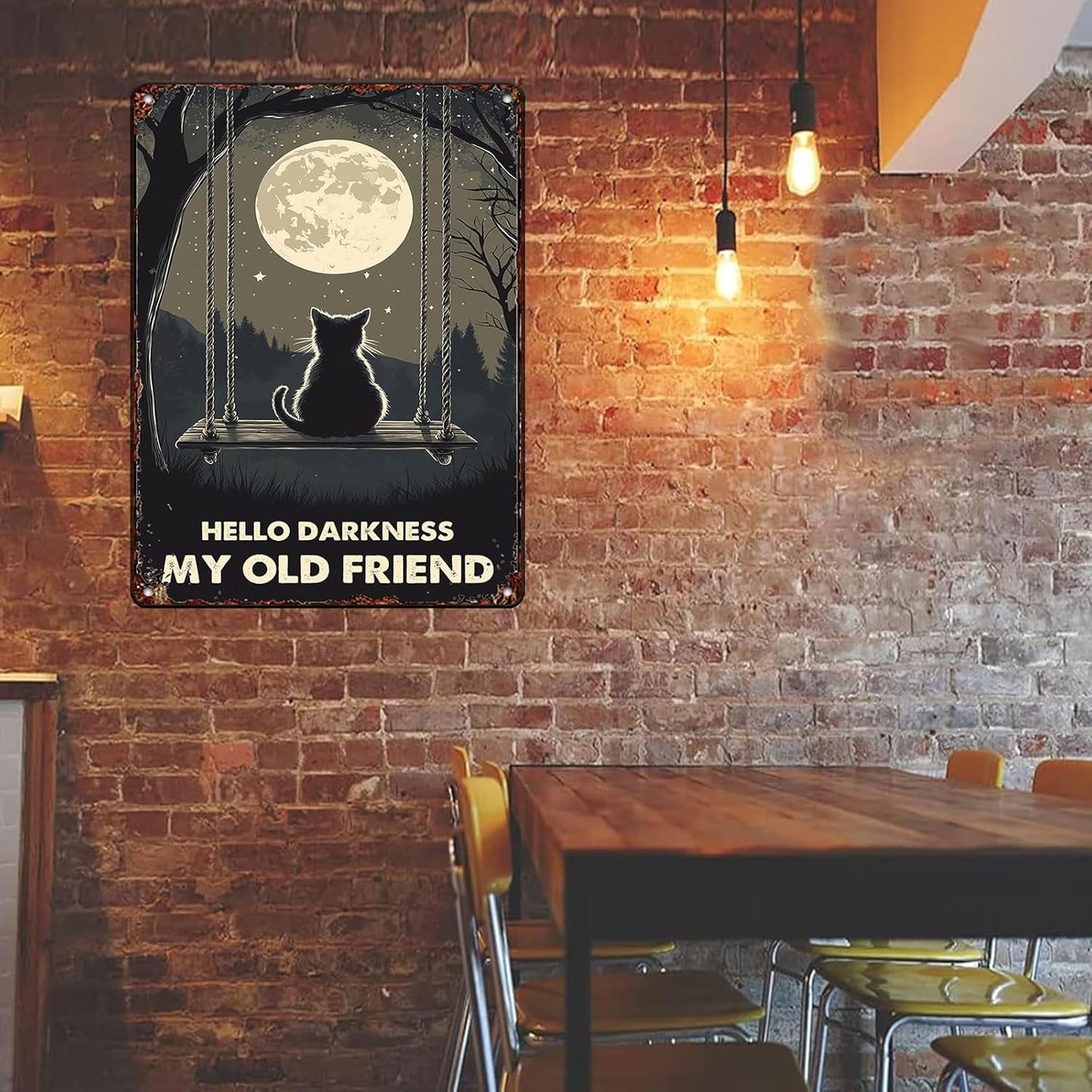 Vintage Wall Decor Metal Poster Plaque Black Cat Hello Darkness My Old Friend Iron Painting Wall Decor Nostalgic Tin Sign For Home Cofe Kitchen Pub Bar 12x16 Inch