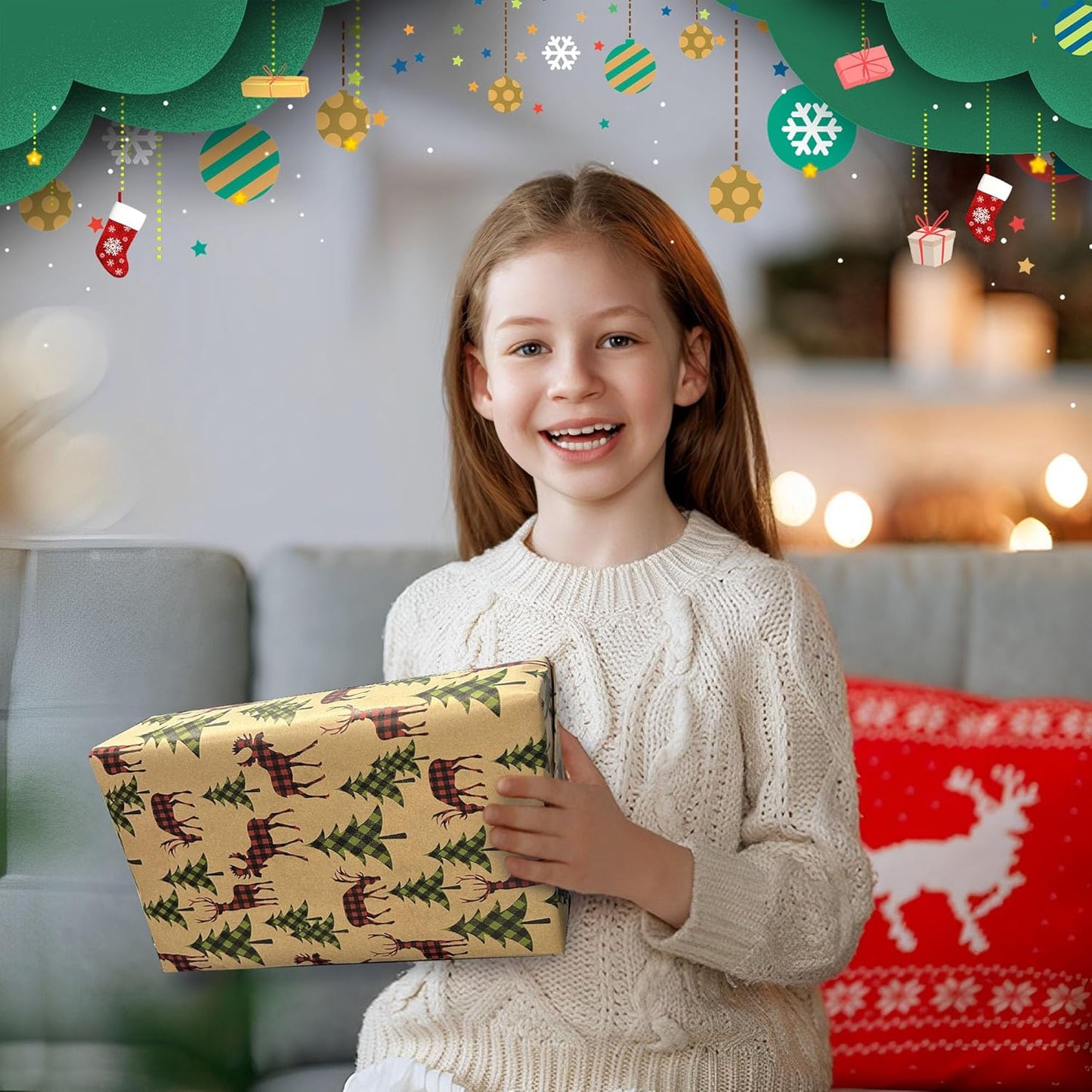 Christmas Wrapping Paper (4 Rolls: 93 sq. ft. ttl) - Red/Green and Black Plaid Grid Patterns, Stockings Snowflakes Pine Tree and Reindeer - Holiday Kraft Gift Paper 17 inches x 16.5 feet Per Roll