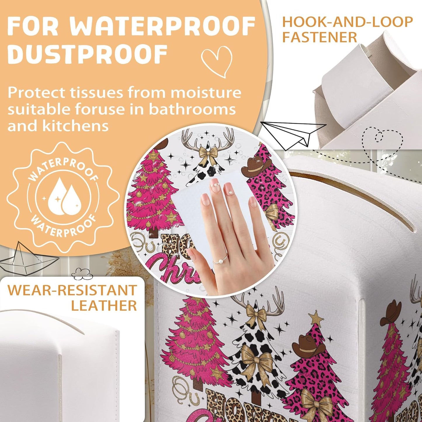 Christmas Tissue Box Holder, Pink Western Cowboy Christmas Trees Leather Tissue Box Cover Square, Paper Facial Decorative Tissues Cover for Night Stands Bathroom Office Home Decor-B08