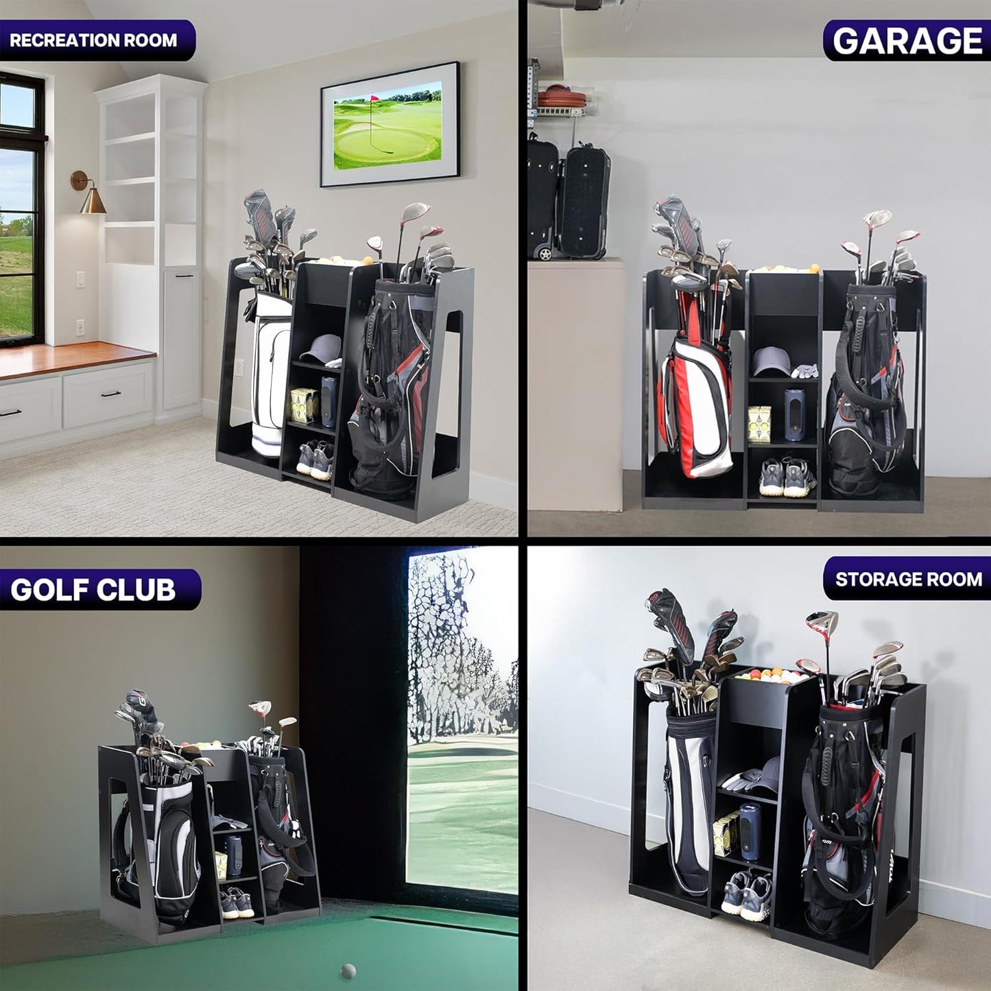 Life Finds Golf Bag Organizer, Storage Holder for Garage with 2 Side Compartments, 3 Middle Cubbies, and More, Black, LF-GBS1