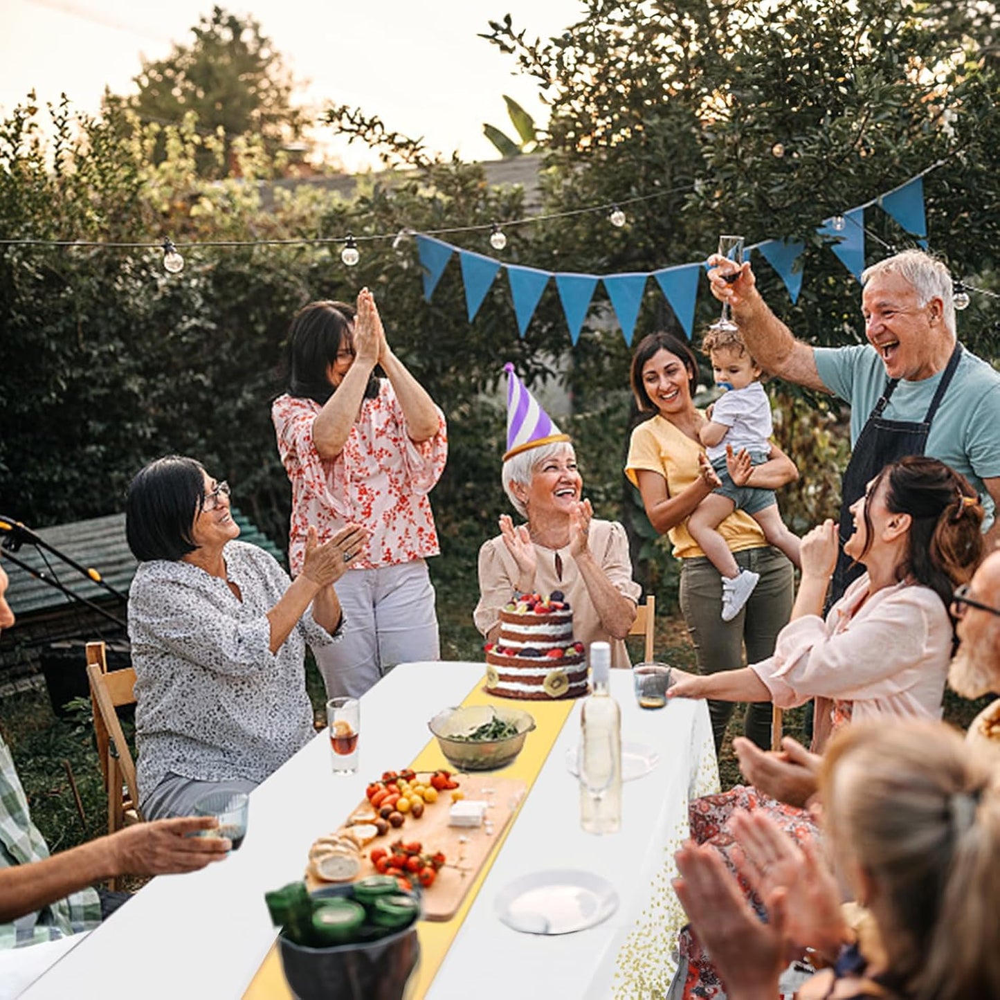 8 Packs Plastic Table Cloth Rectangle Table Disposable and Satin Table Runner, White and Gold Tablecloth Table Runner Cover for Baby Shower Birthday Wedding Anniversary Graduation Party Decorations