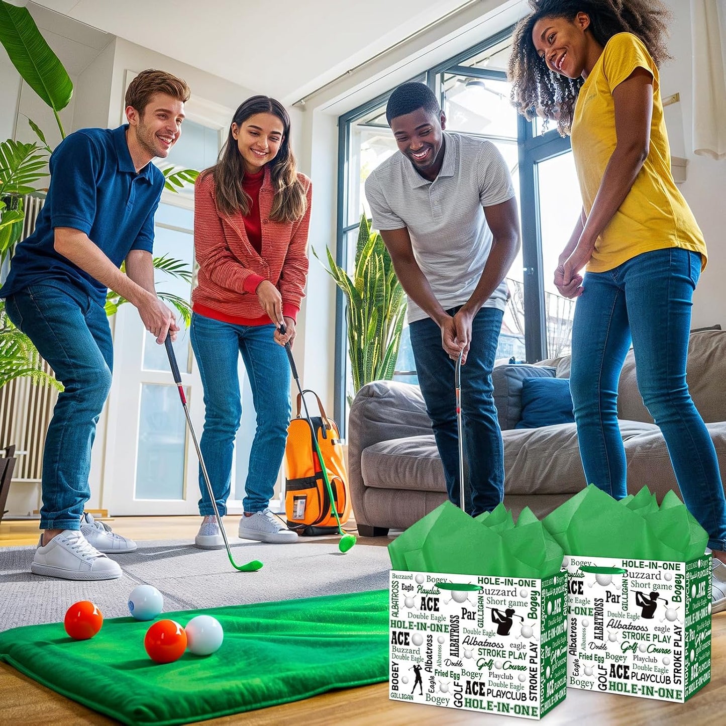 Golf Party Gift Bag, Large Golf Gift Wrap Bag with Tissue Paper Greeting Card Decorations for Sports Party Favors Golf Ball Themed Birthday Goodie Gifts Treat Wrapping Bags for Kids Men Team Supplies